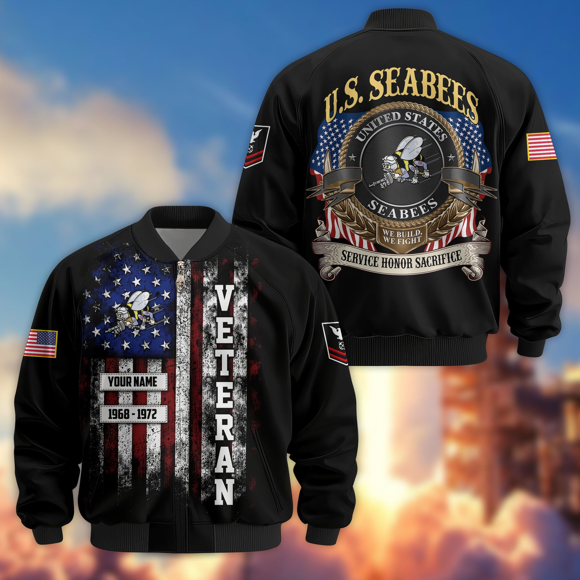Premium Custom US Seabees Bomber Jacket VPVC804509, Gifts For Seabees Veteran, Gifts On Father’s Day, Veterans Day