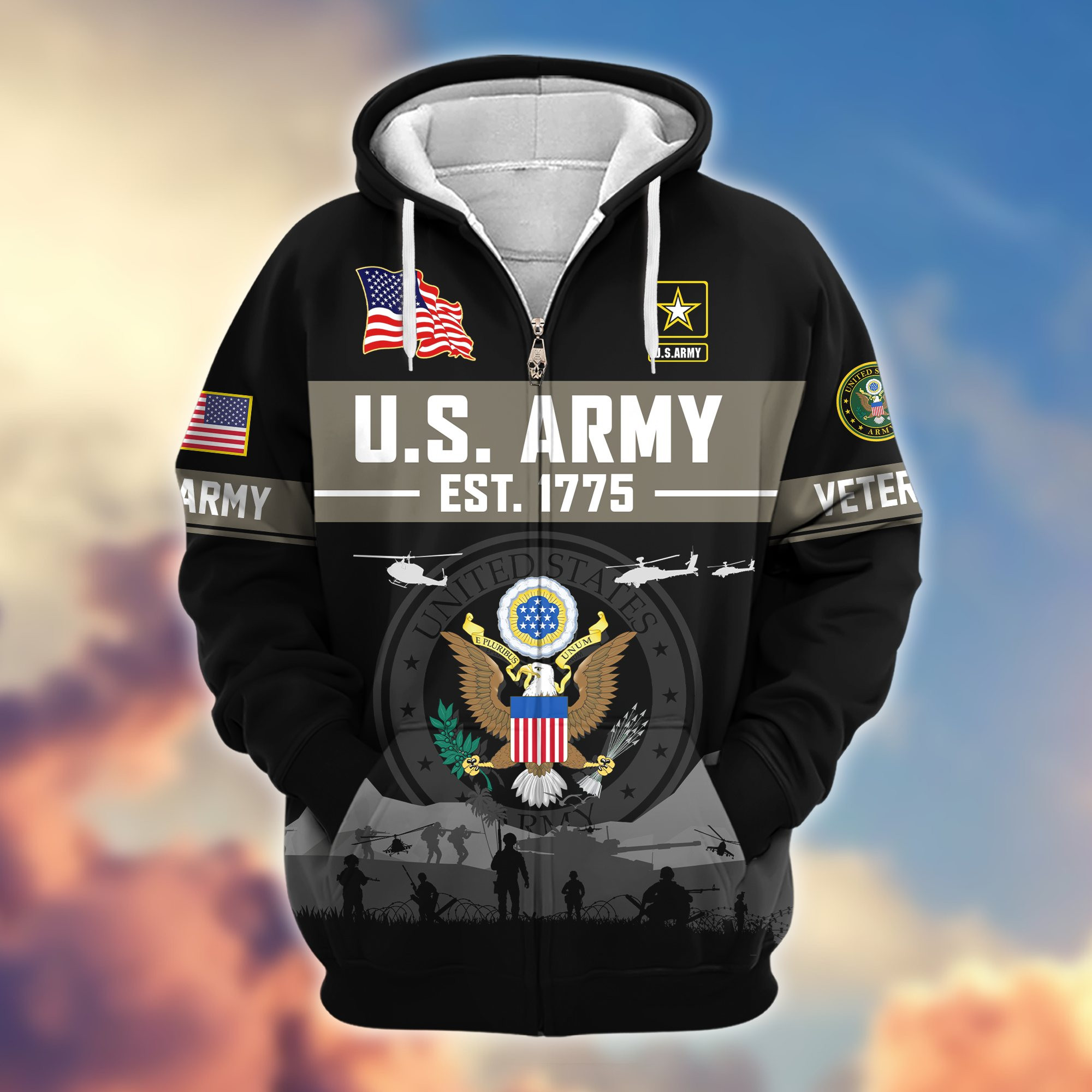 Premium US Veterans Zip Up Hoodie BPHN021011, Gifts For US Veterans, Gifts On Father’s Day, Veterans Day