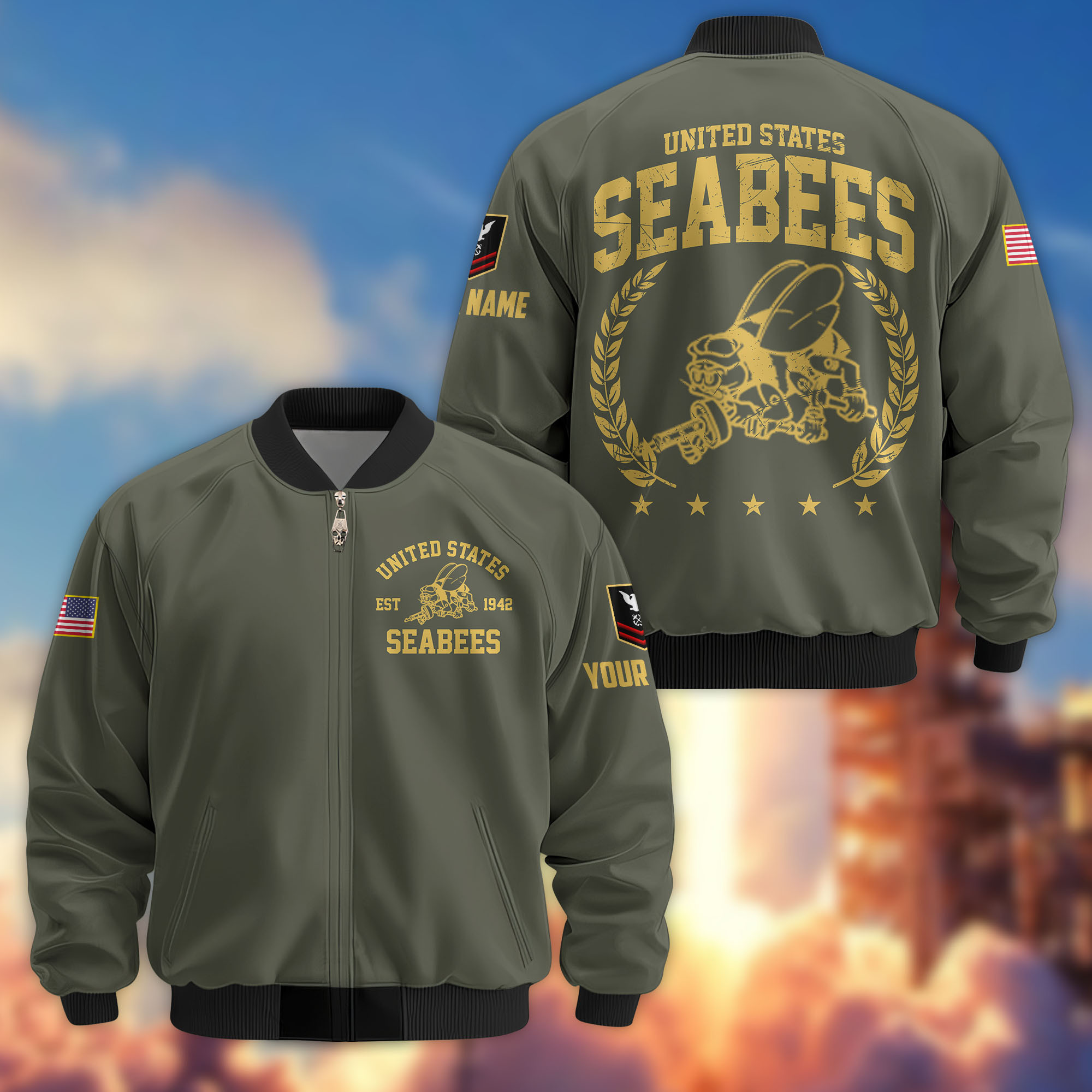 Premium Custom US Seabees Bomber Jacket VPVC808309, Gifts For Seabees Veteran, Gifts On Father’s Day, Veterans Day