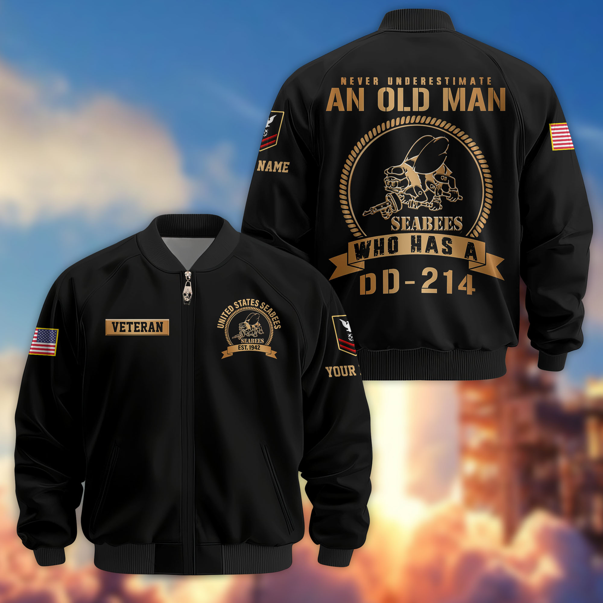 Premium Custom US Seabees Bomber Jacket VPVC808909, Gifts For Seabees Veteran, Gifts On Father’s Day, Veterans Day