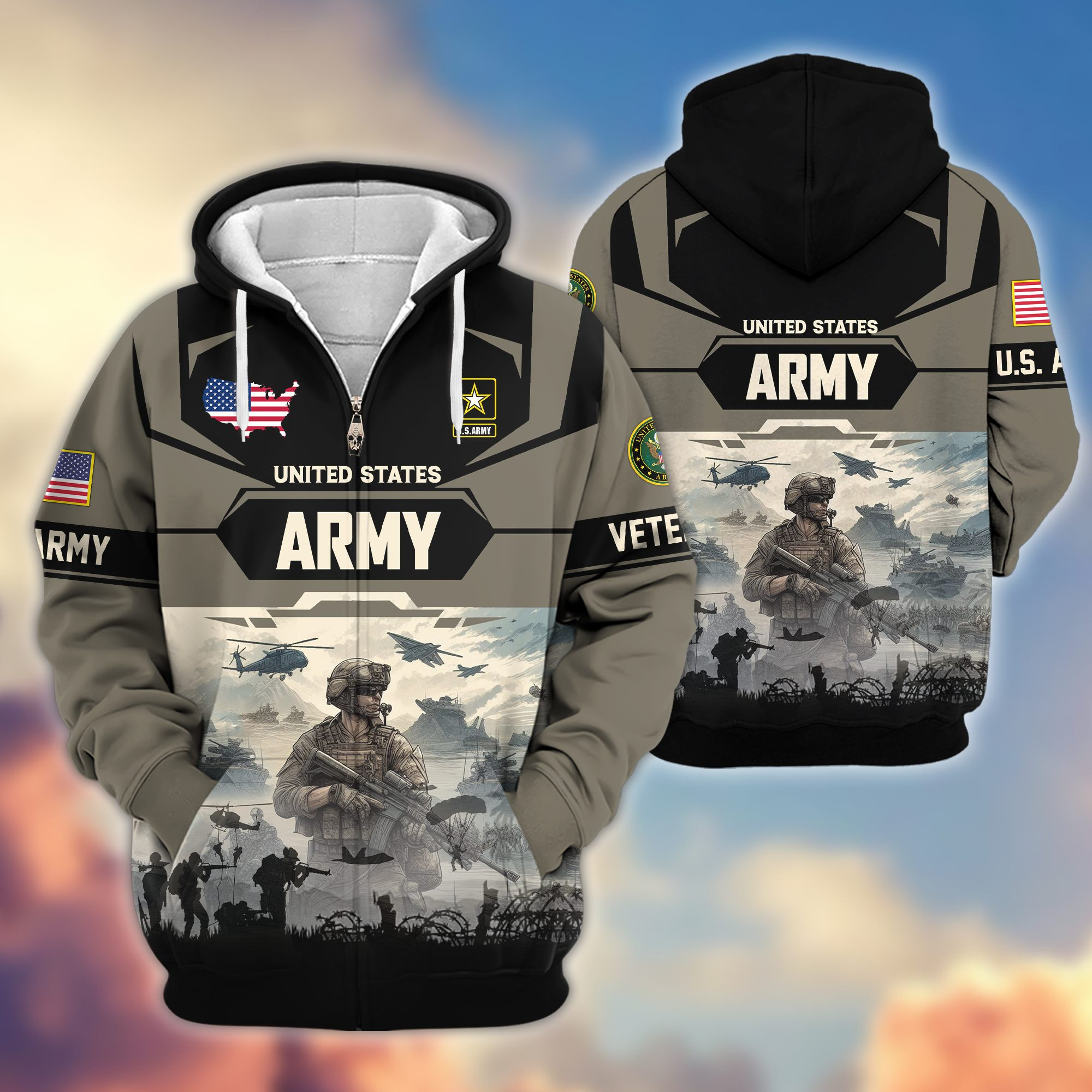 Premium US Veterans Zip Up Hoodie BPHN021014, Gifts For US Veterans, Gifts On Father’s Day, Veterans Day