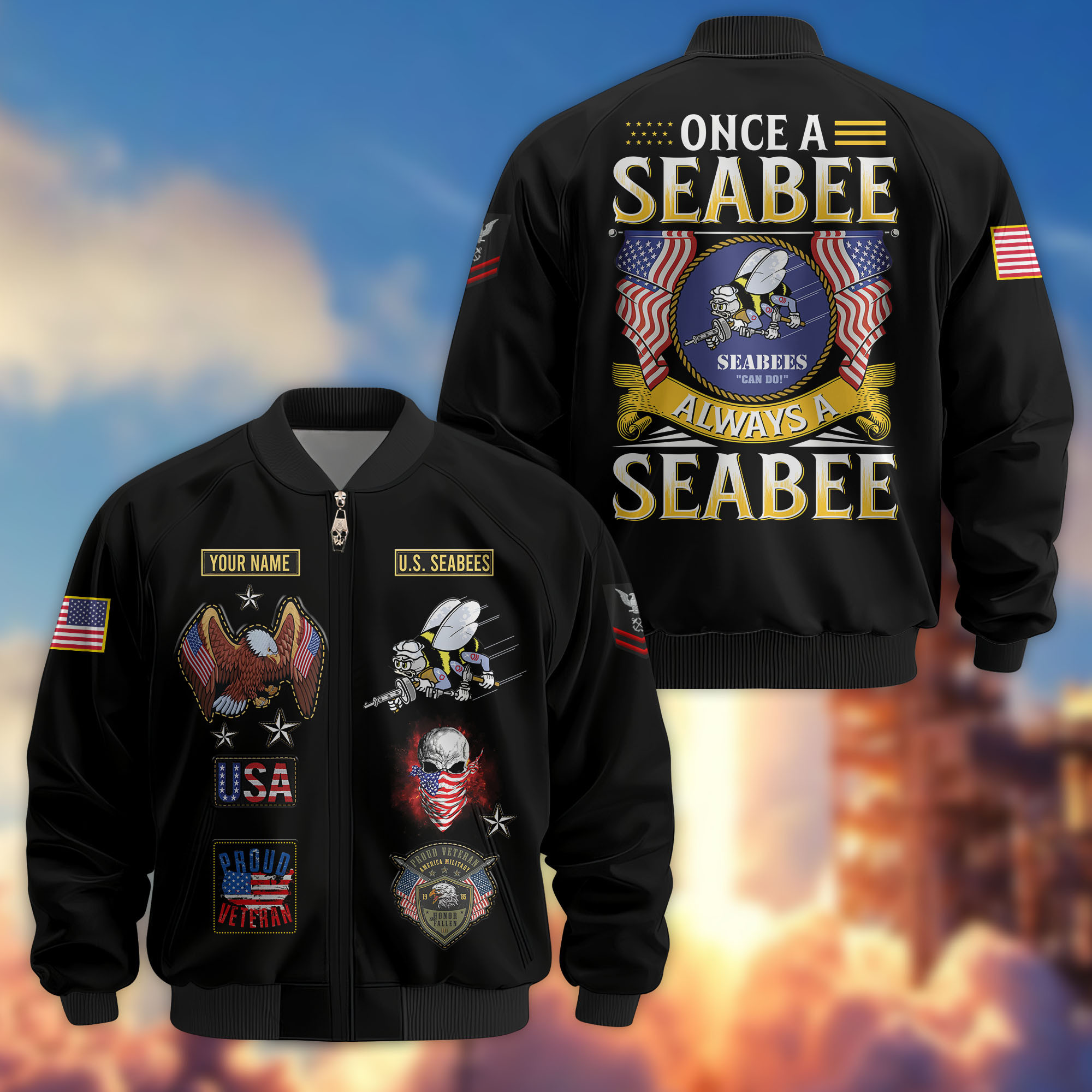 Premium Custom US Seabees Bomber Jacket VPVC810809, Gifts For Seabees Veteran, Gifts On Father’s Day, Veterans Day