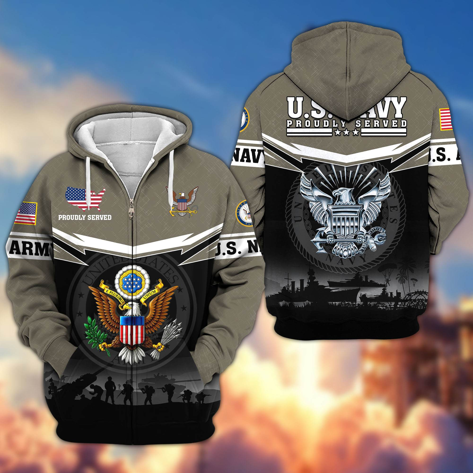 Premium US Army – US Navy Zip Up Hoodie CPVC111211