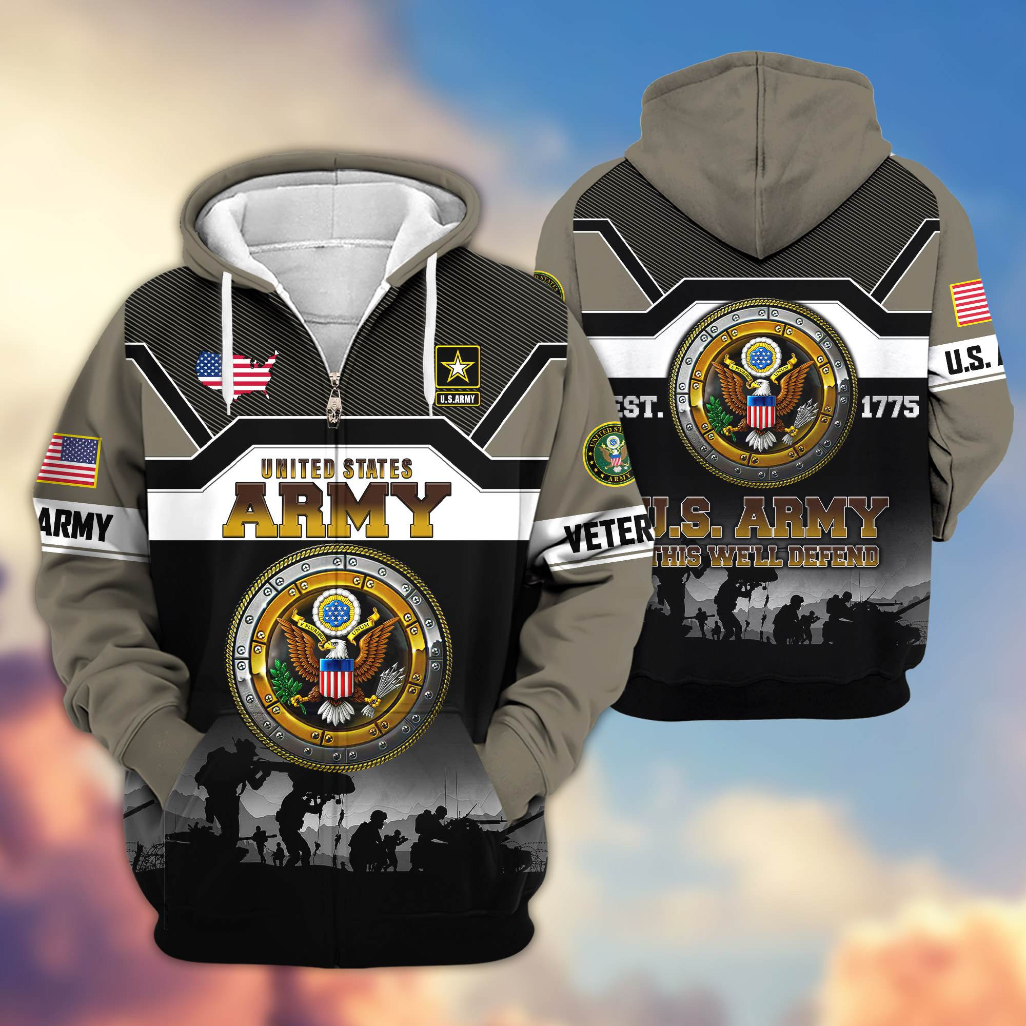 Premium US Veterans Zip Up Hoodie ATTN191124, Gifts For US Veterans, Gifts On Father’s Day, Veterans Day