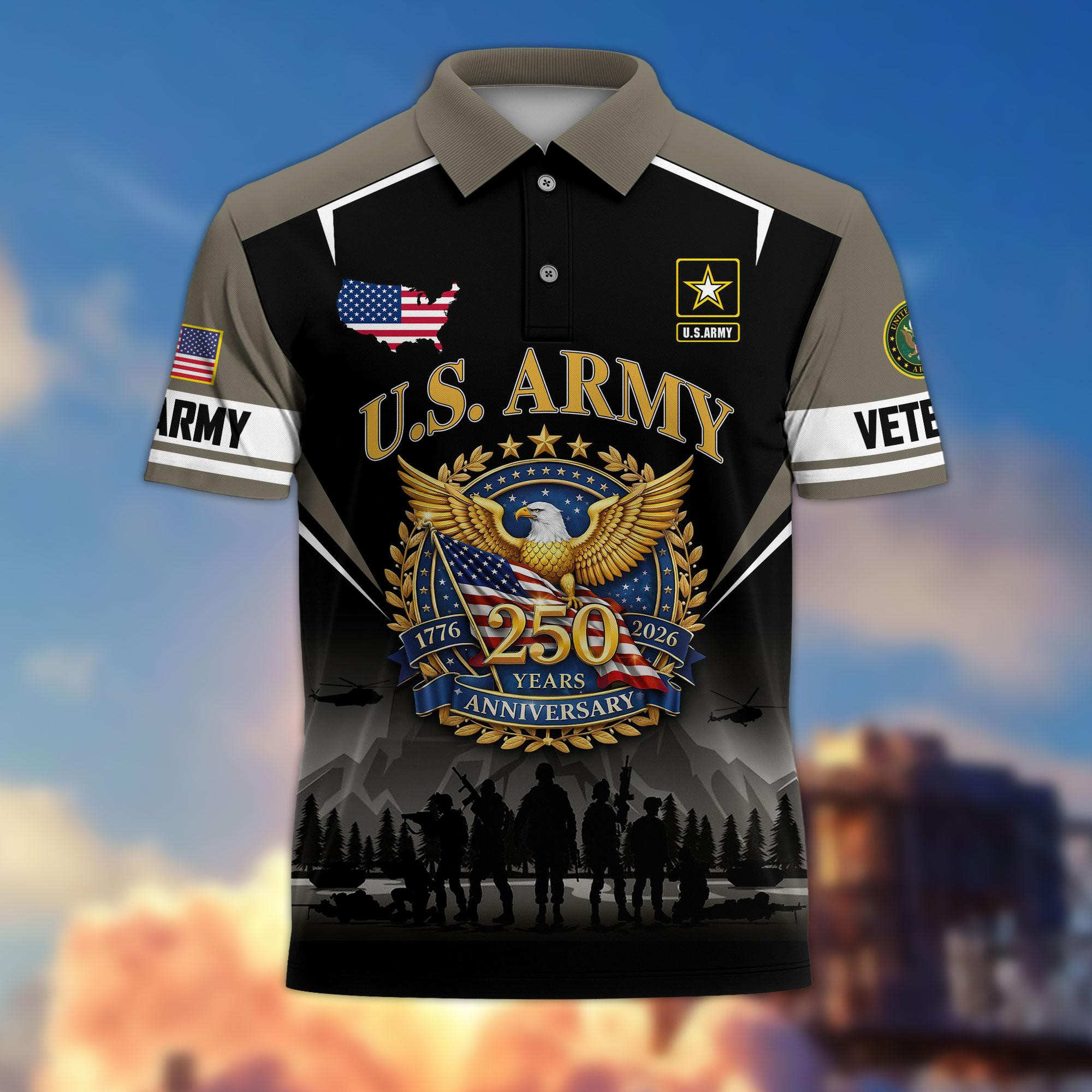 Premium America 250th Anniversary US Veteran Polo Shirt ATTN080222, Gifts for U.S. Veterans, Gifts for Independence Day, Veterans Day