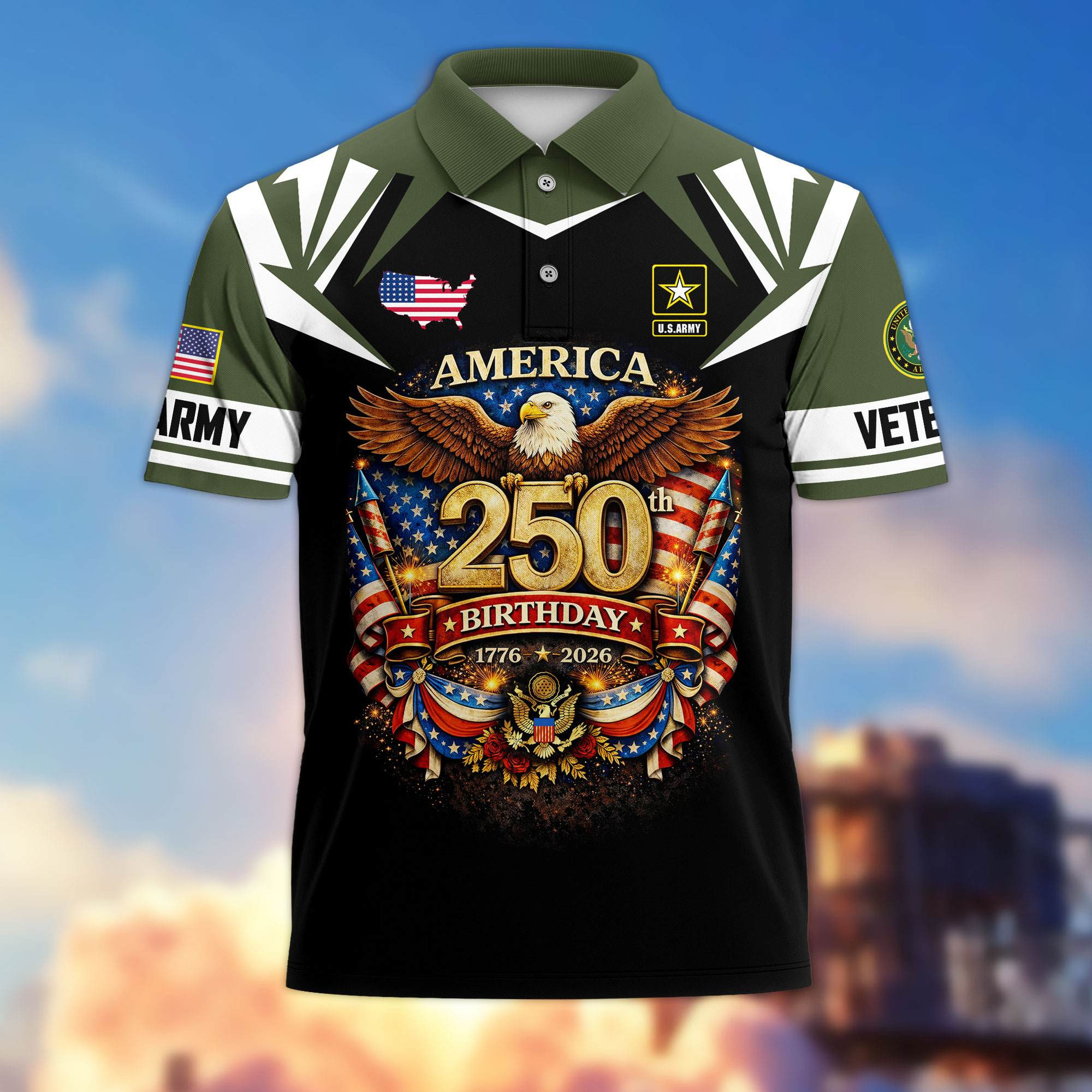 Premium America 250th Anniversary US Veteran Polo Shirt ATTN020221, Gifts for U.S. Veterans, Gifts for Independence Day, Veterans Day