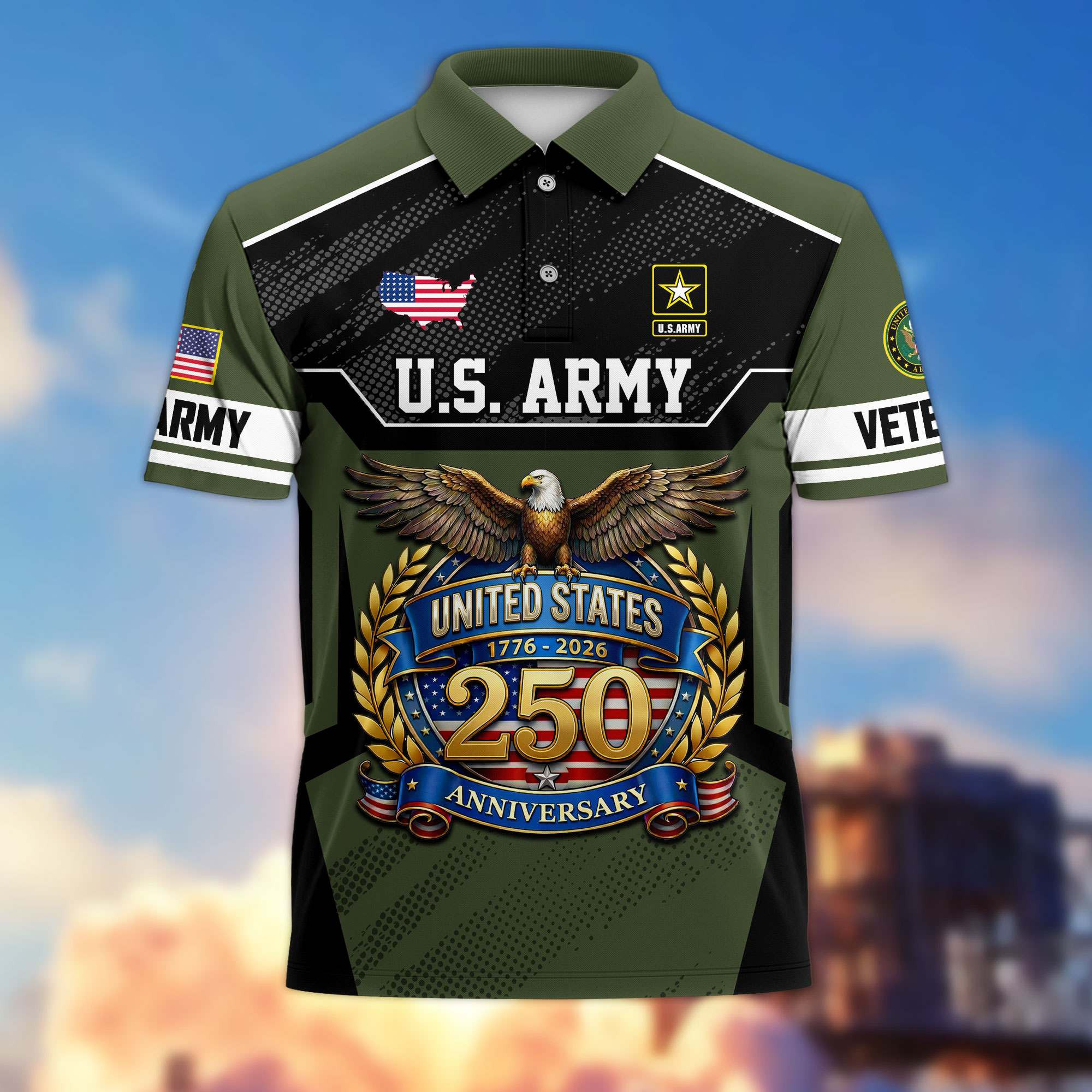 Premium America 250th Anniversary US Veteran Polo Shirt ATTN040321, Gifts for U.S. Veterans, Gifts for Independence Day, Veterans Day