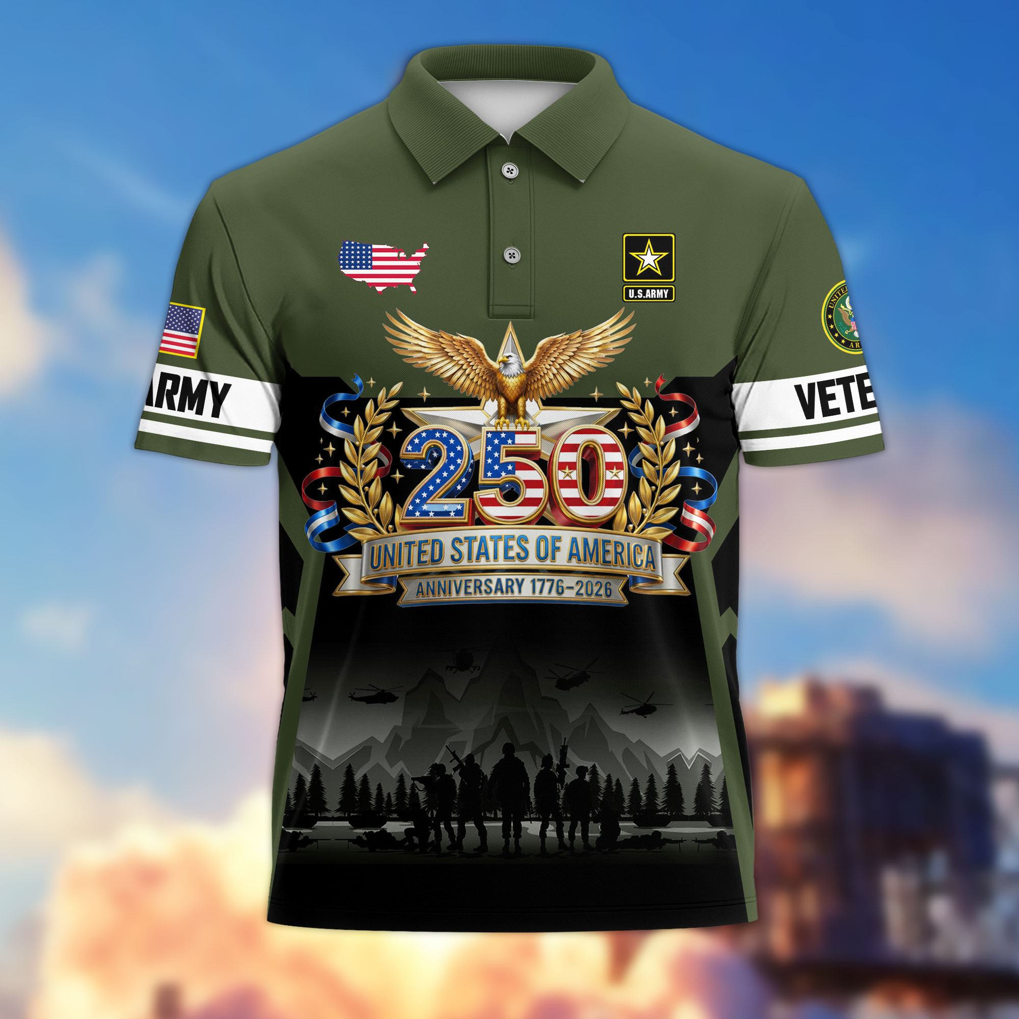 Premium America 250th Anniversary US Veteran Polo Shirt ATTN020223, Gifts for U.S. Veterans, Gifts for Independence Day, Veterans Day