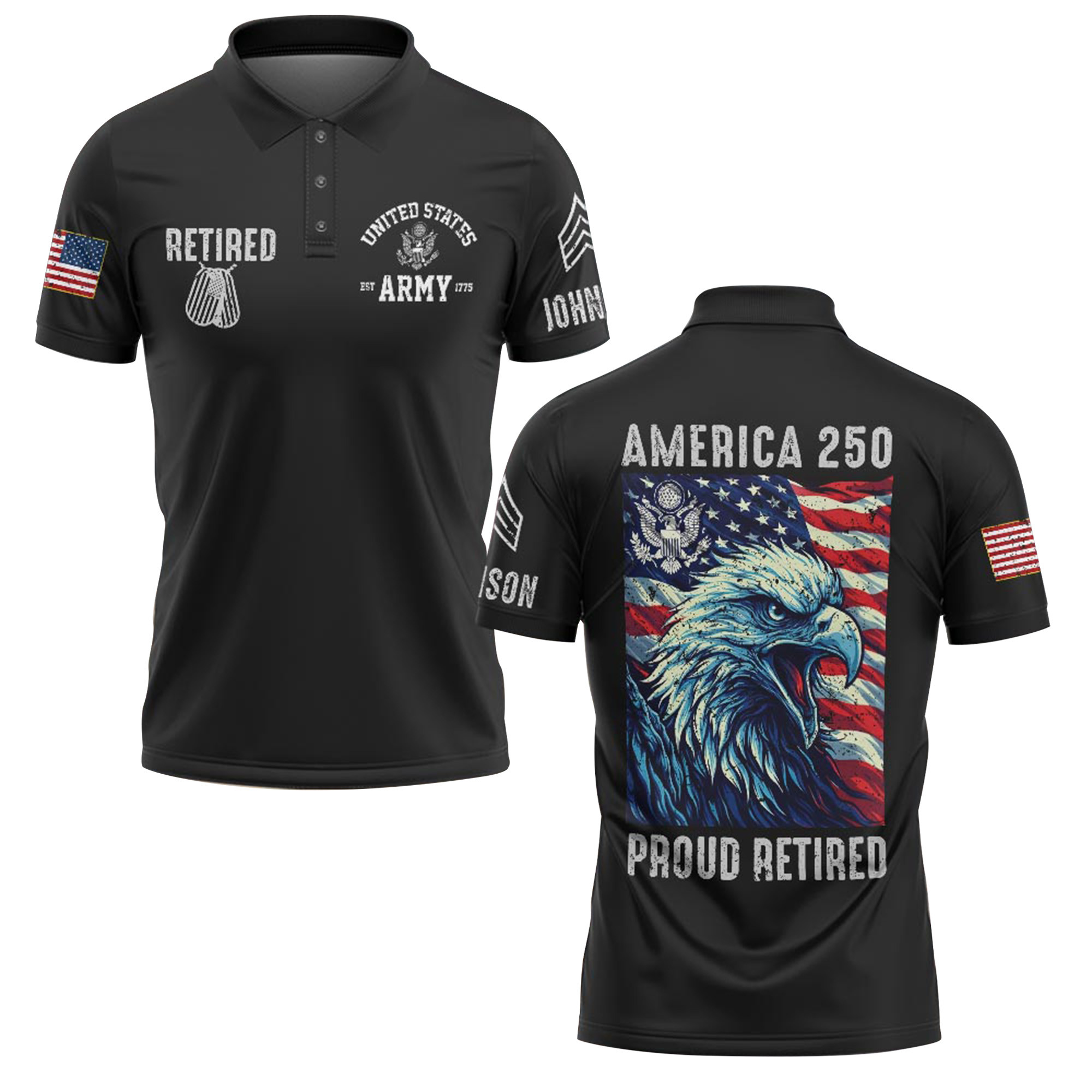 Premium America 250th Anniversary Custom Polo Shirt VPVC219000, Gifts For Army Retired, Best Gifts For Father’s Day, Independence Day, Veterans Day