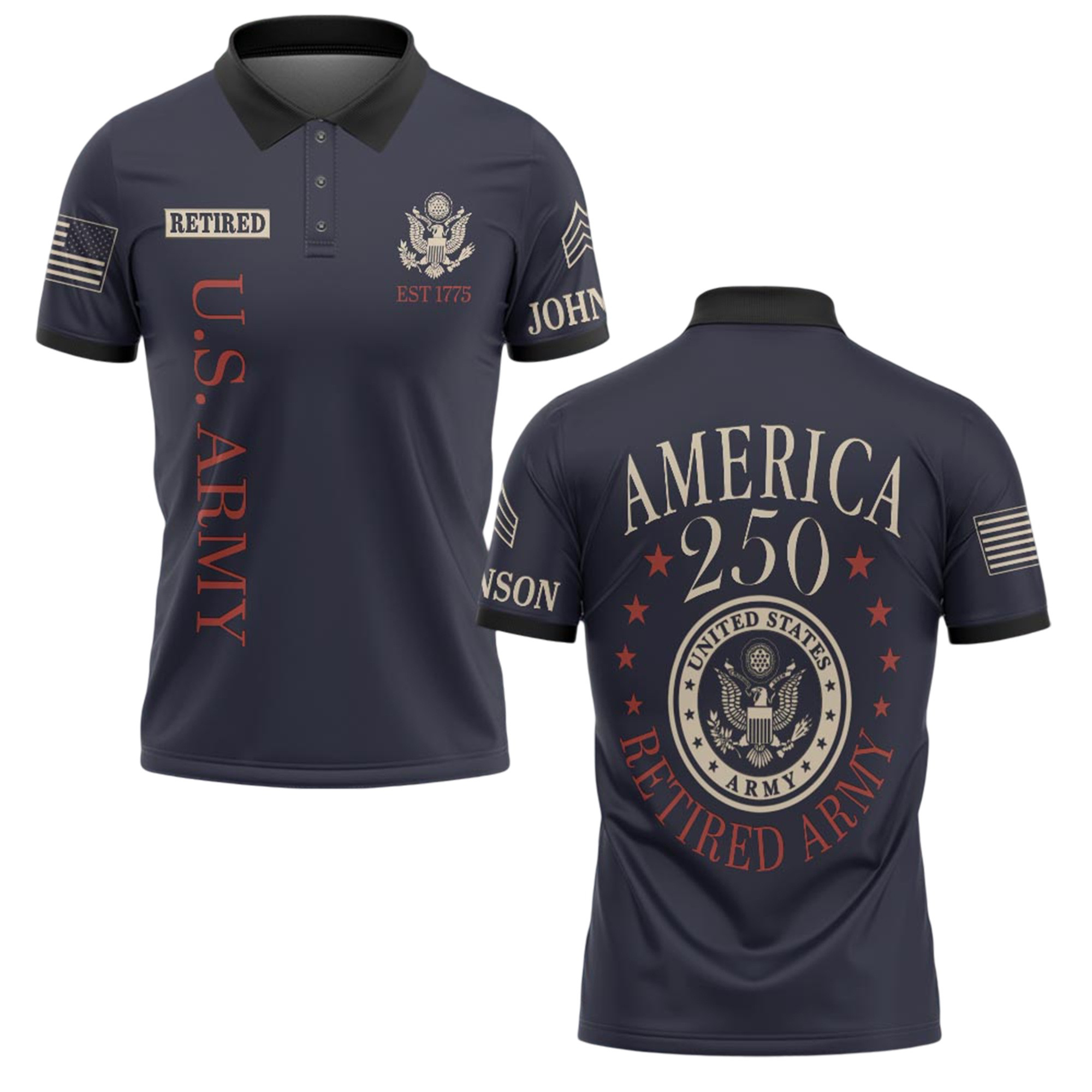 Premium America 250th Anniversary Custom Polo Shirt VPVC219010, Gifts For Army Retired, Best Gifts For Father’s Day, Independence Day, Veterans Day
