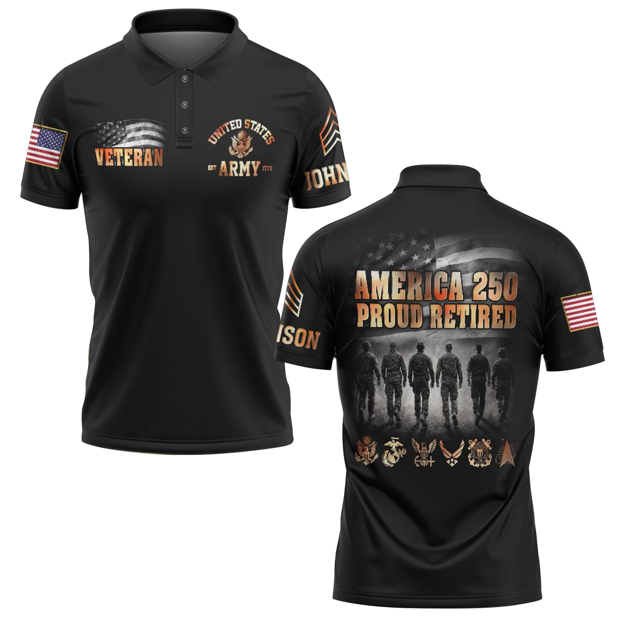 Premium America 250th Anniversary Custom Polo Shirt VPVC219013, Gifts For Army Retired, Best Gifts For Father’s Day, Independence Day, Veterans Day
