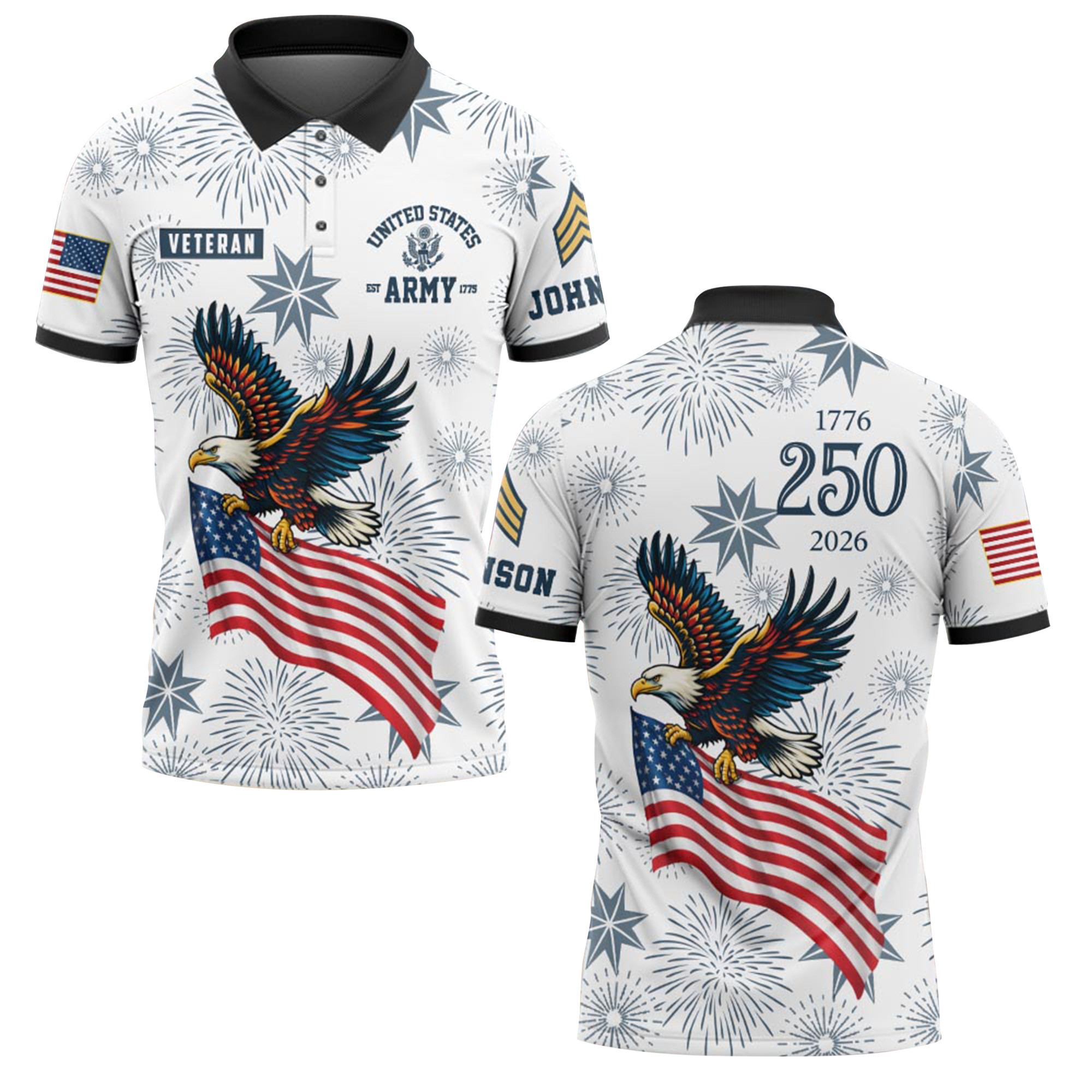Premium America 250th Anniversary Custom Polo Shirt VPVC219084, Gifts For Army Veteran, Gifts For Father’s Day, Independence Day, Veterans Day