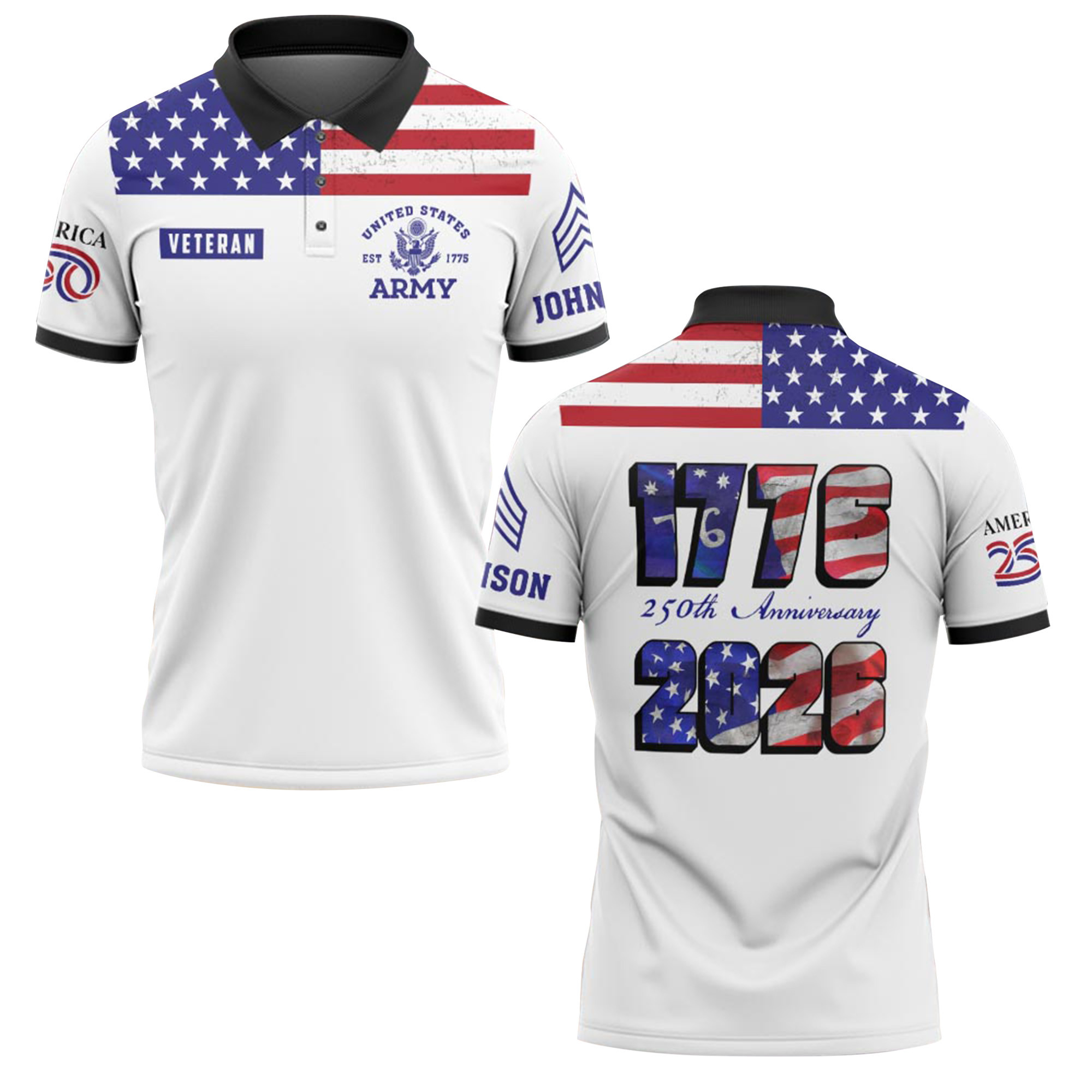 Premium America 250th Anniversary Custom Polo Shirt VPVC219103, Gifts For Army Veteran, Gifts For Father’s Day, Independence Day, Veterans Day