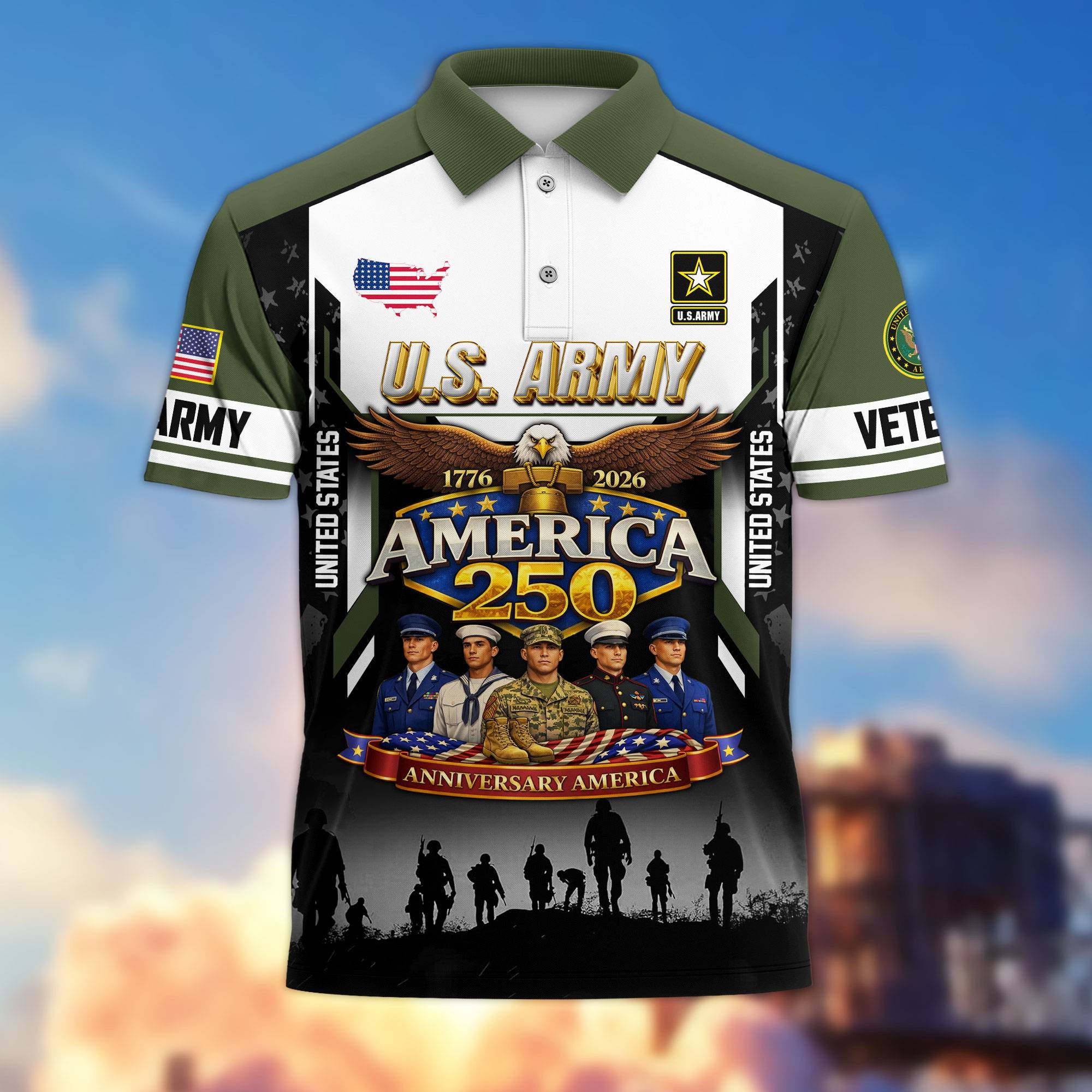 Premium America 250th Anniversary US Veteran Polo Shirt ATTN140321, Gifts for U.S. Veterans, Gifts for Independence Day, Veterans Day