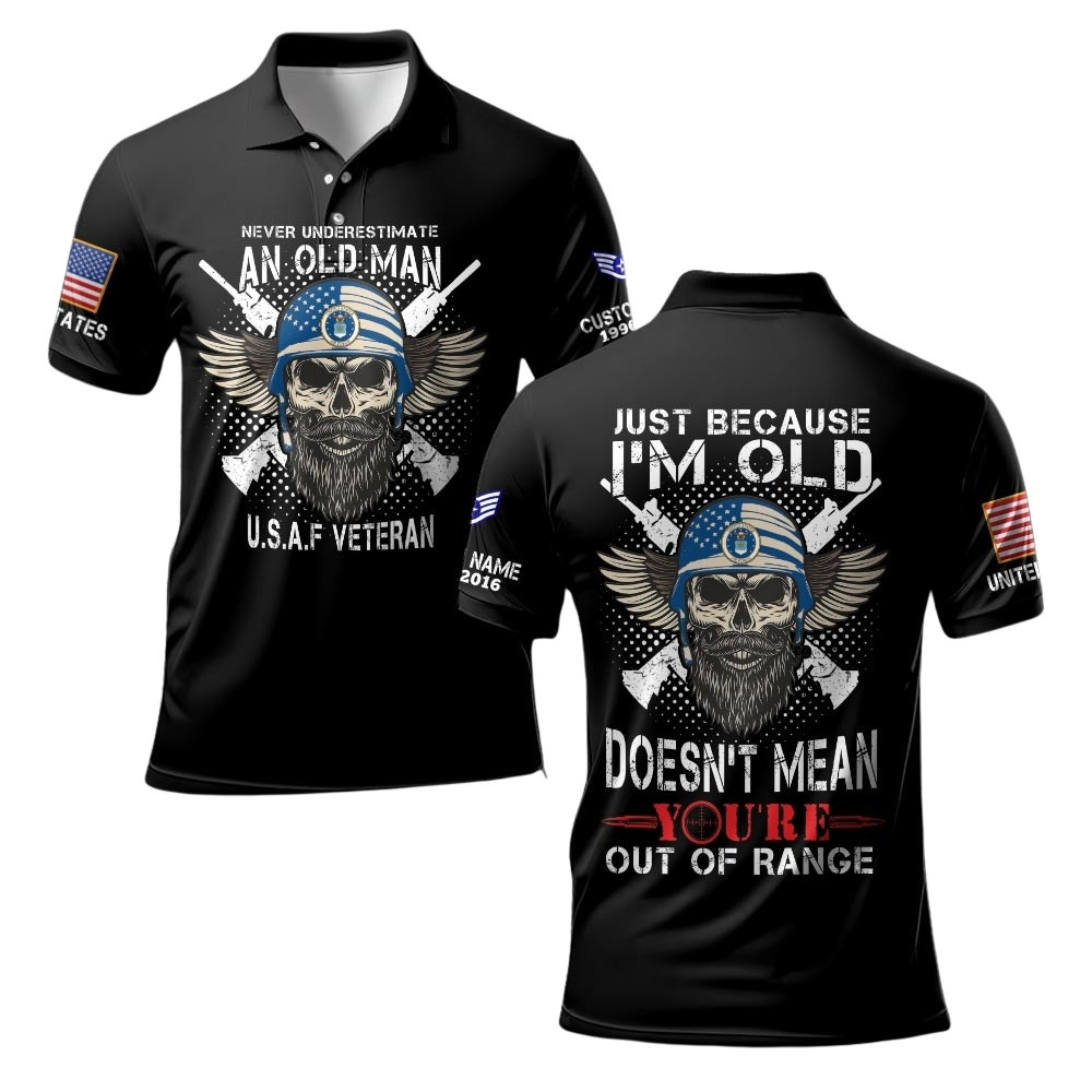 Premium Never Underestimate An Old Man Veteran Custom USAF Polo Shirt VPVC219474, Gifts For Air Force Veteran, Gifts For Veterans Day