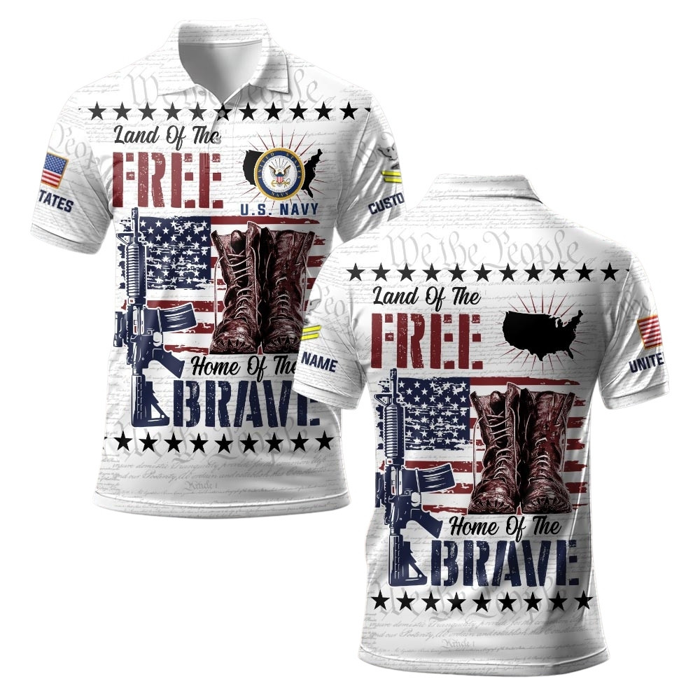 Premium Land Of The Free Custom US Navy Polo Shirt VPVC219492, Gifts For Navy Veteran, Gifts For Veterans Day
