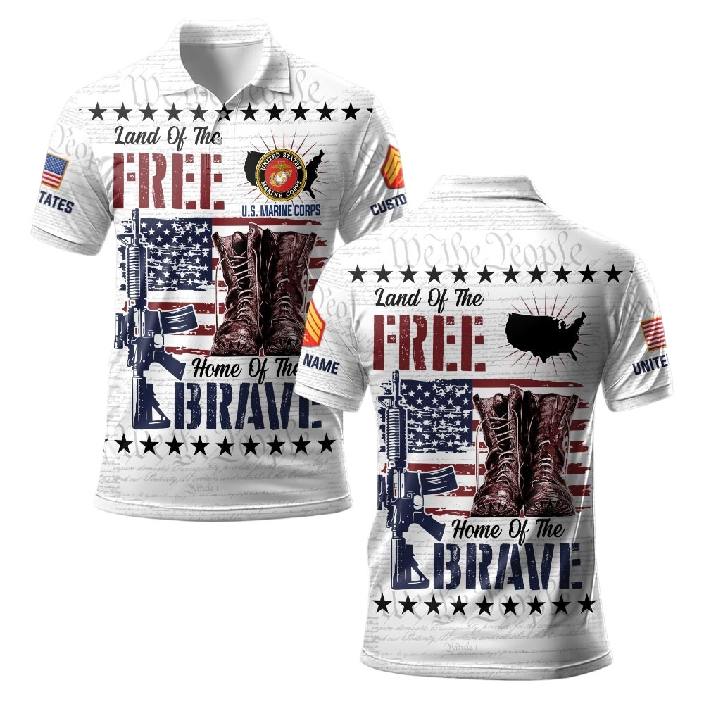 Premium Land Of The Free Custom USMC Polo Shirt VPVC219493, Gifts For Marine Veteran, Gifts For Veterans Day