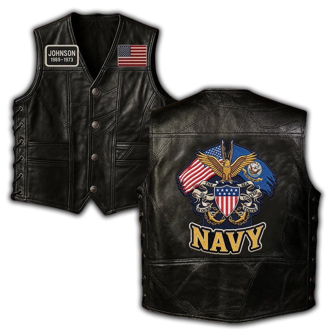 Premium Custom US Navy Leather Motor Vest VPVC702382, Gifts For Navy Veteran, Gifts For Father’s Day, Veterans Day