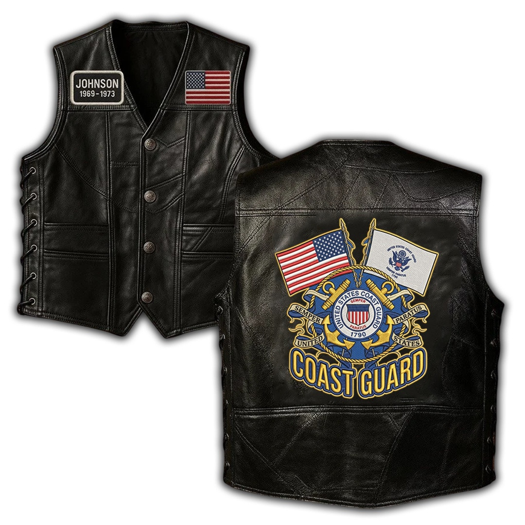 Premium Custom USCG Leather Motor Vest VPVC702385, Gifts For Coast Guard Veteran, Gifts For Father’s Day, Veterans Day