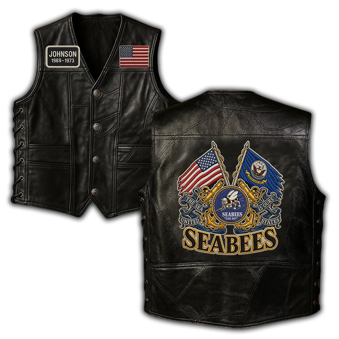 Premium Custom US Seabees Veteran Leather Motor Vest VPVC702388, Gifts For Seabees Veteran, Gifts For Father’s Day, Veterans Day