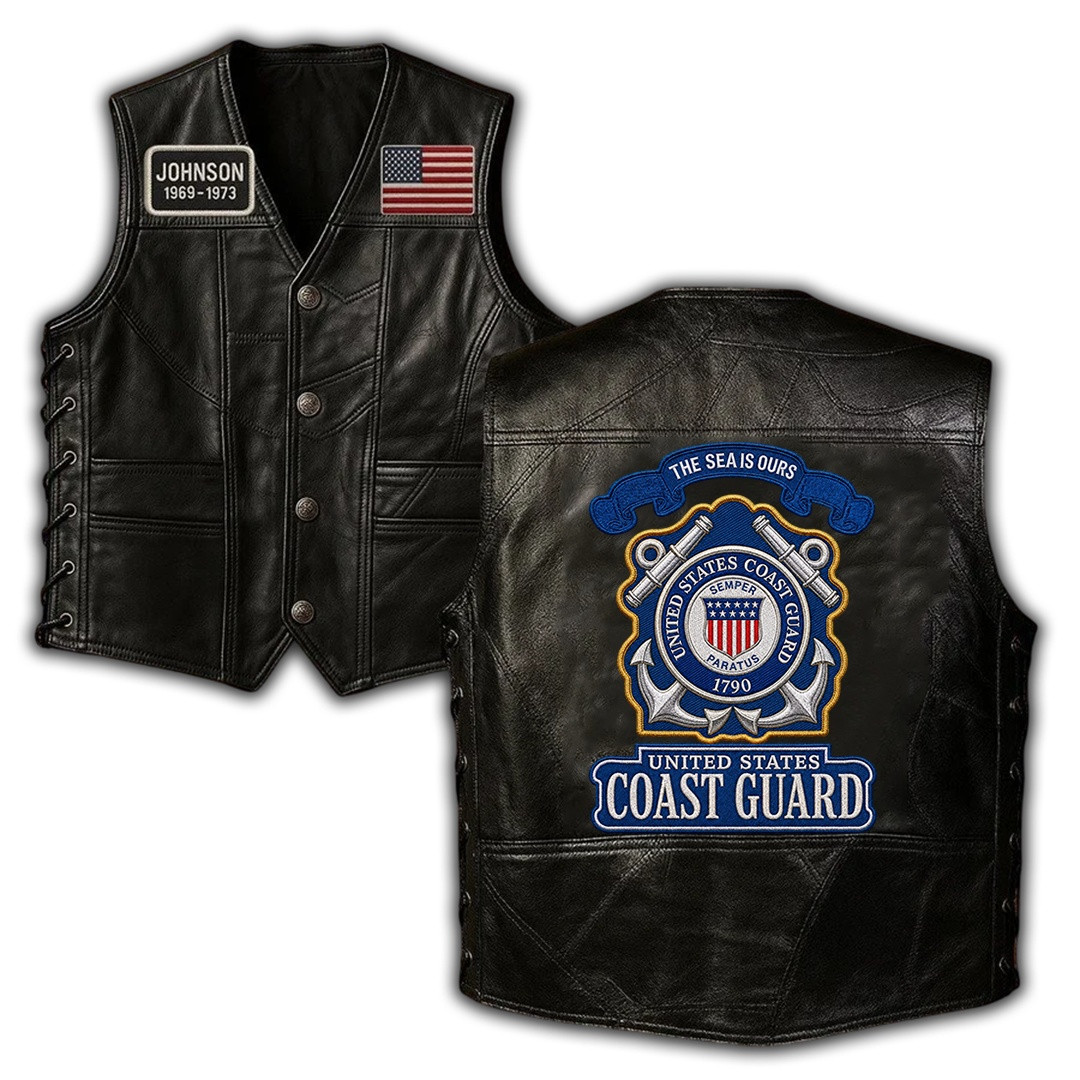 Premium Custom USCG Leather Motor Vest VPVC702405, Gifts For Coast Guard Veteran, Gifts For Father’s Day, Veterans Day