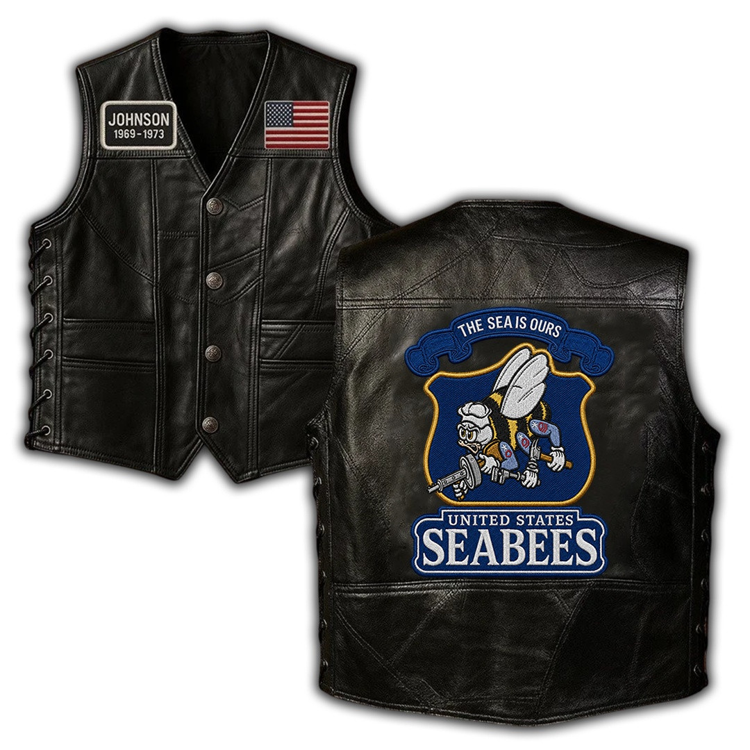 Premium Custom US Seabees Veteran Leather Motor Vest VPVC702409, Gifts For Seabees Veteran, Gifts For Father’s Day, Veterans Day