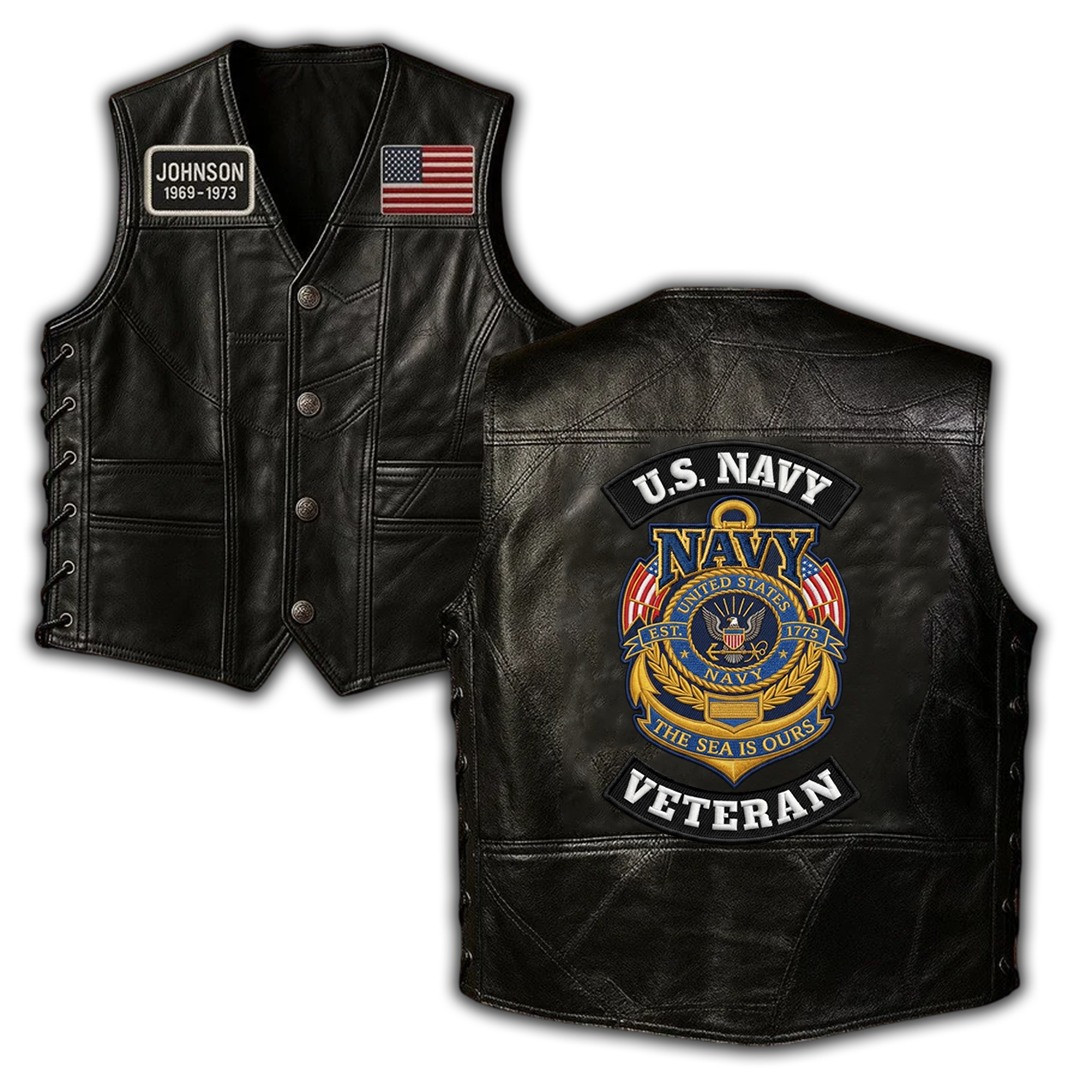 Premium Custom US Navy Leather Motor Vest VPVC702412, Gifts For Navy Veteran, Gifts For Father’s Day, Veterans Day