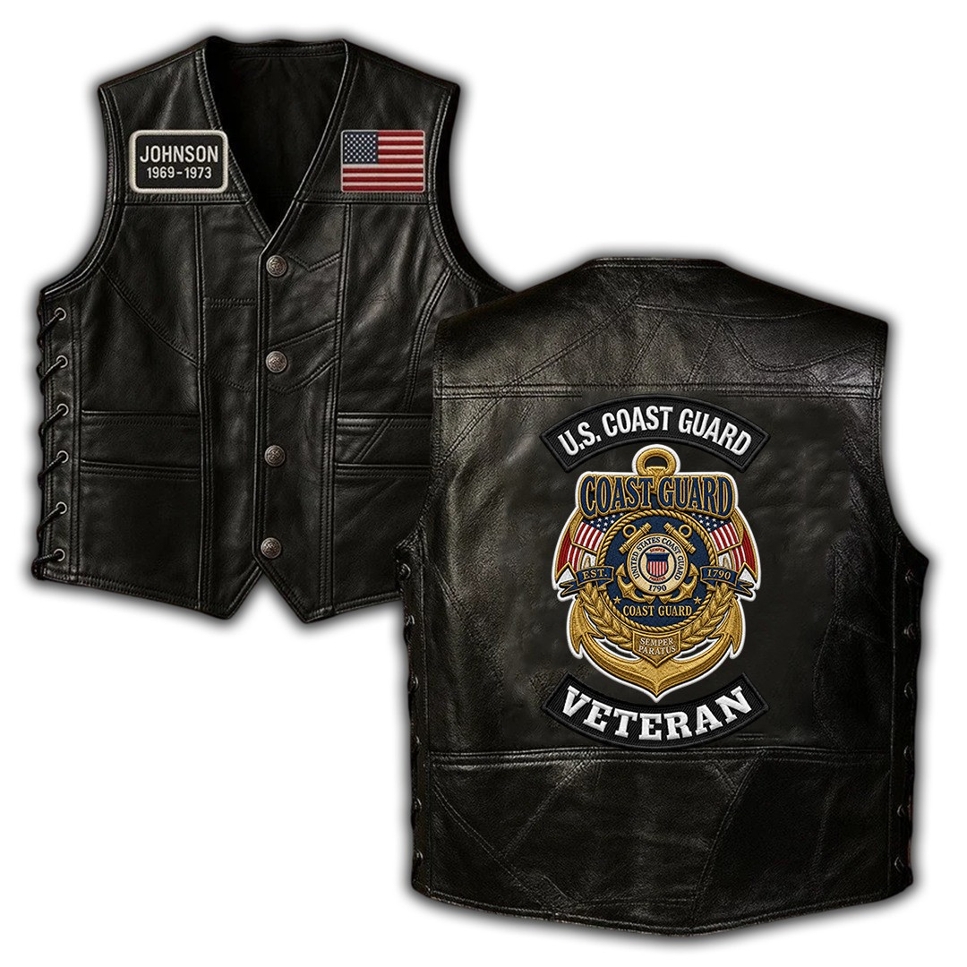 Premium Custom USCG Leather Motor Vest VPVC702415, Gifts For Coast Guard Veteran, Gifts For Father’s Day, Veterans Day