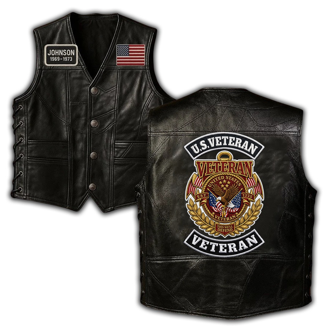 Premium Custom US Veteran Leather Motor Vest VPVC702417, Gifts For US Veteran, Gifts For Father’s Day, Veterans Day
