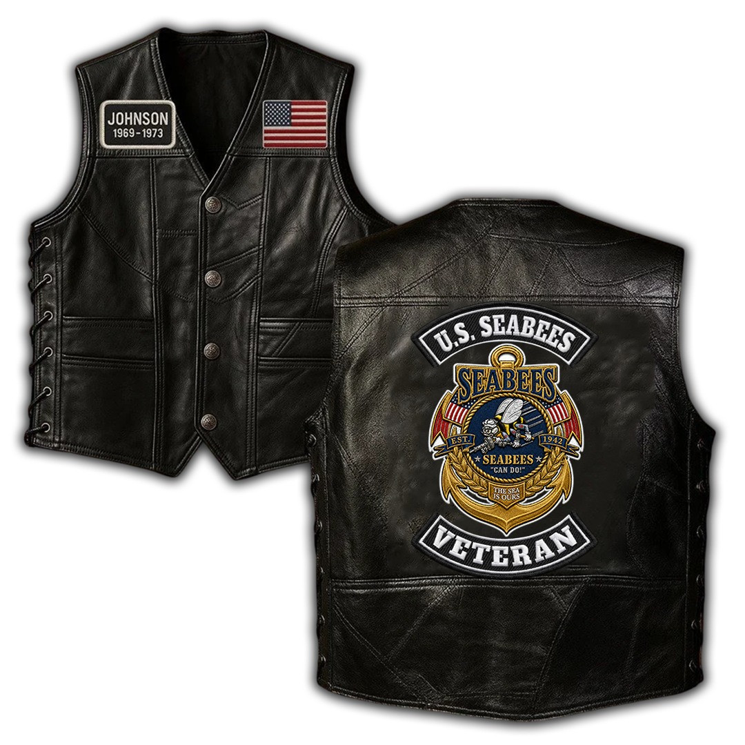 Premium Custom US Seabees Veteran Leather Motor Vest VPVC702419, Gifts For Seabees Veteran, Gifts For Father’s Day, Veterans Day