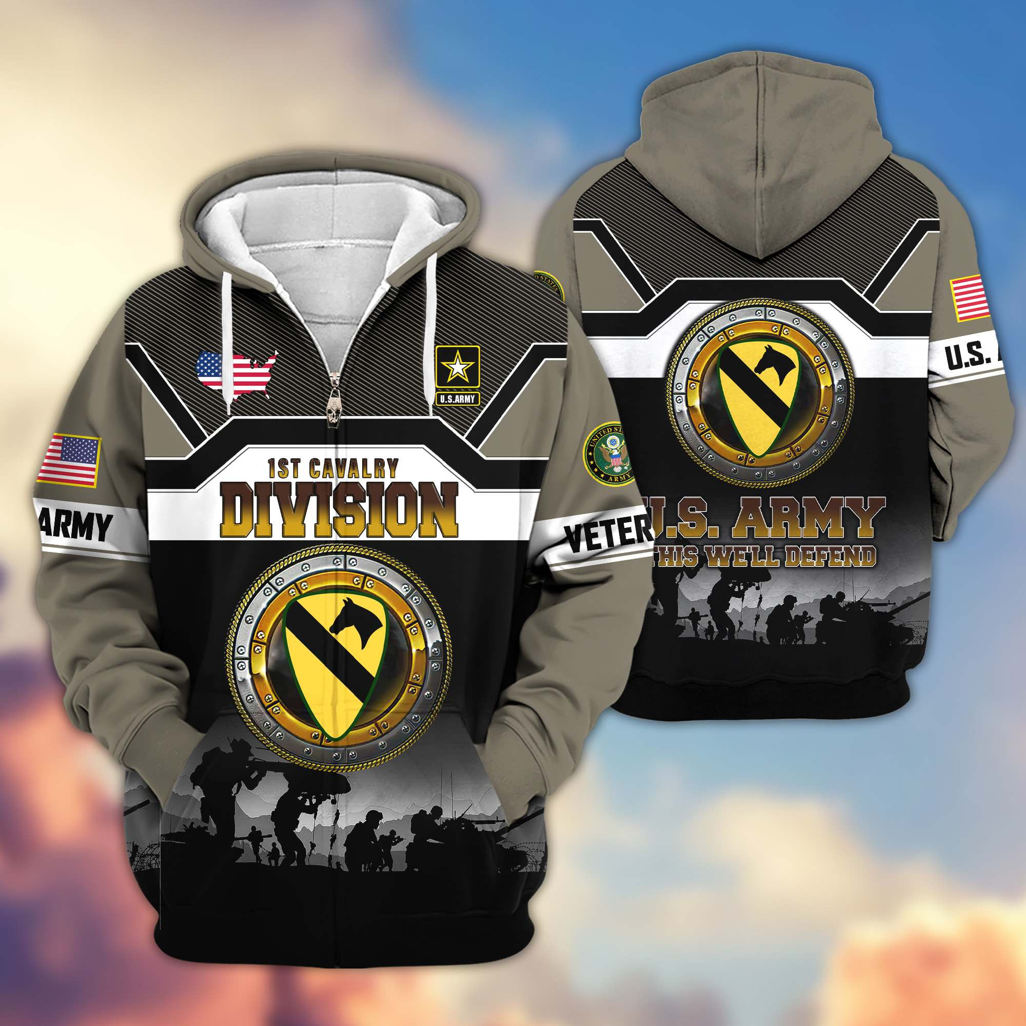 Premium 1st Cavalry Division Zip Up Hoodie VPVC620011, Gifts For Army Veteran, Gifts For Father’s Day, Veterans Day