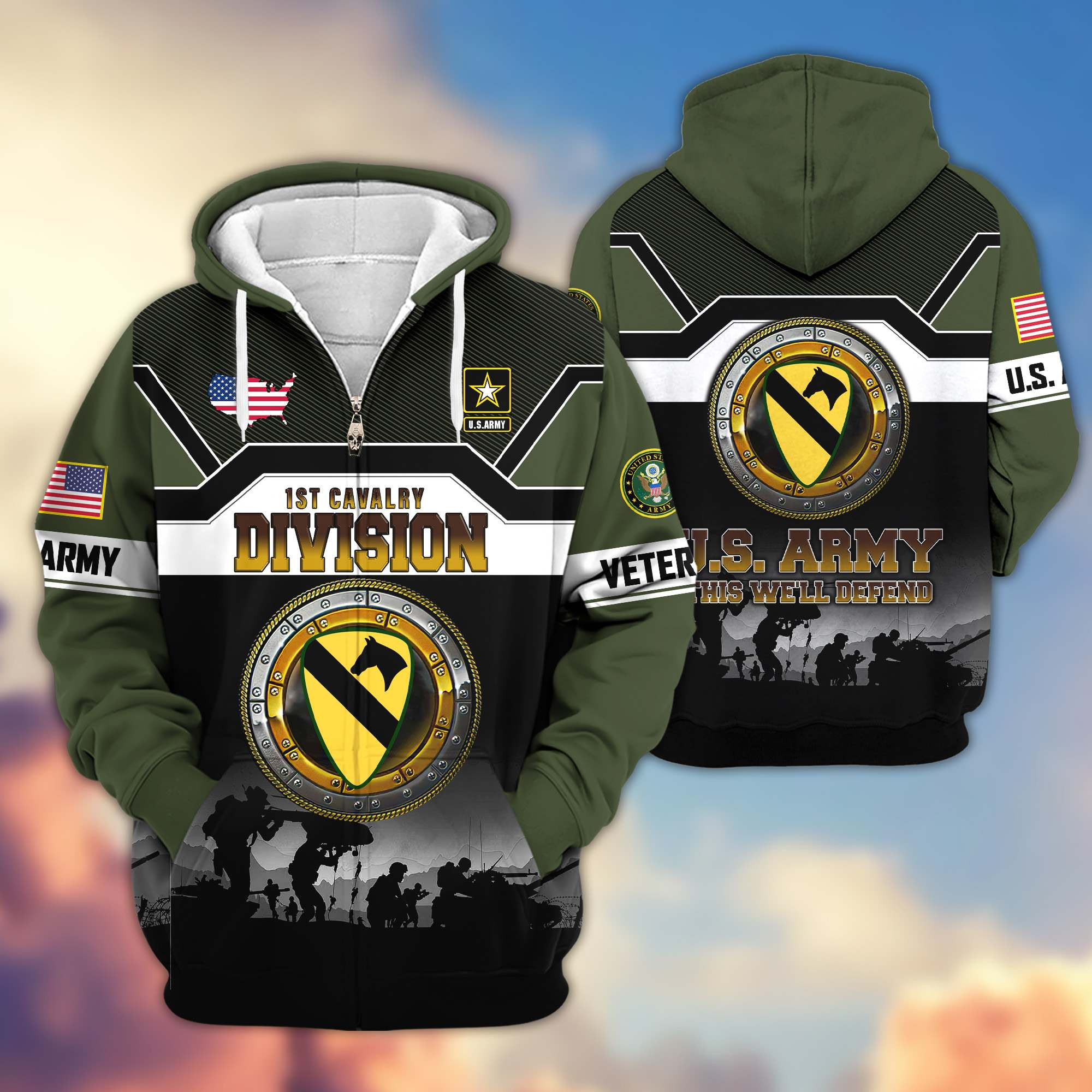 Premium 1st Cavalry Division Zip Up Hoodie VPVC620014, Gifts For Army Veteran, Gifts For Father’s Day, Veterans Day