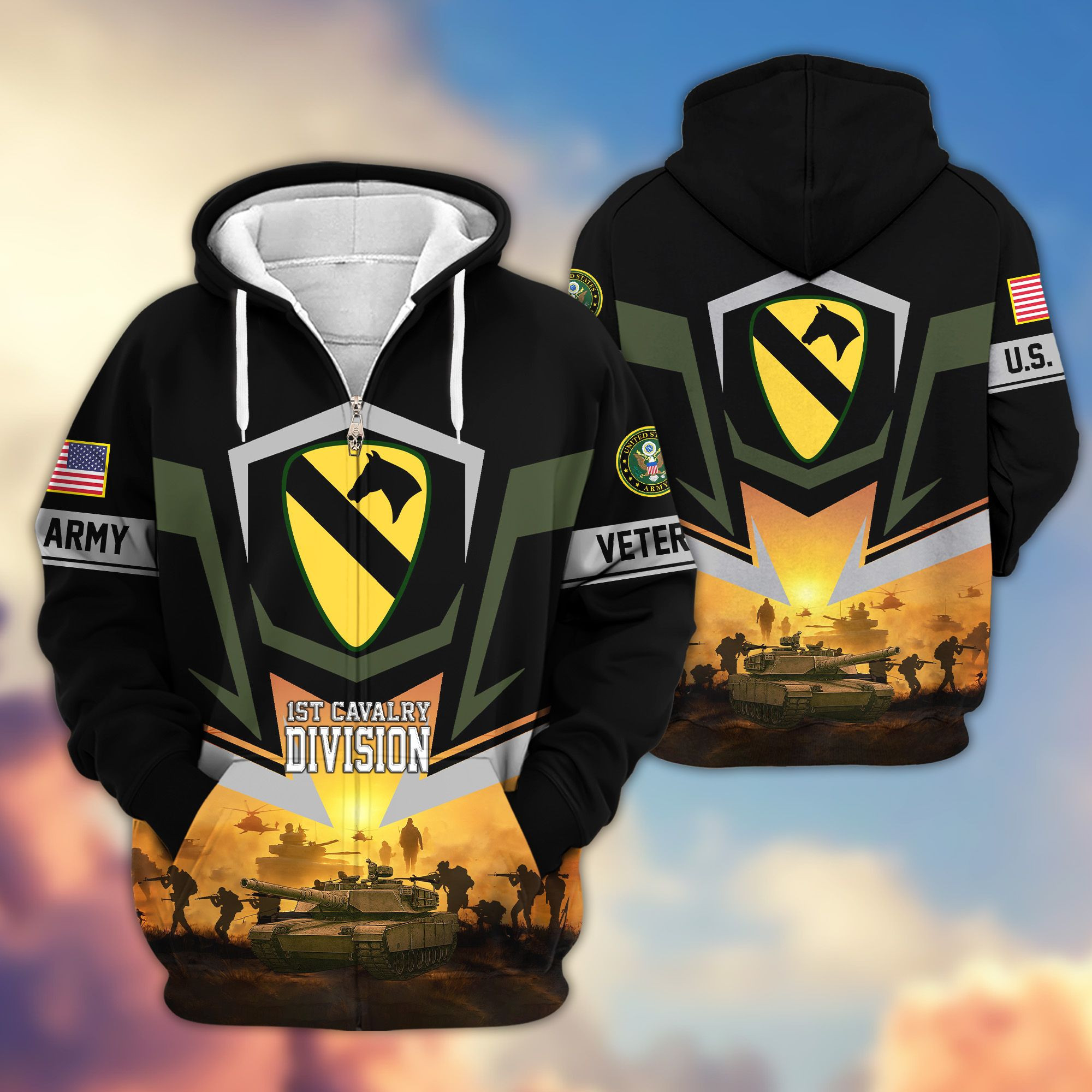 Premium 1st Cavalry Division Zip Up Hoodie VPVC620024, Gifts For Army Veteran, Gifts For Father’s Day, Veterans Day