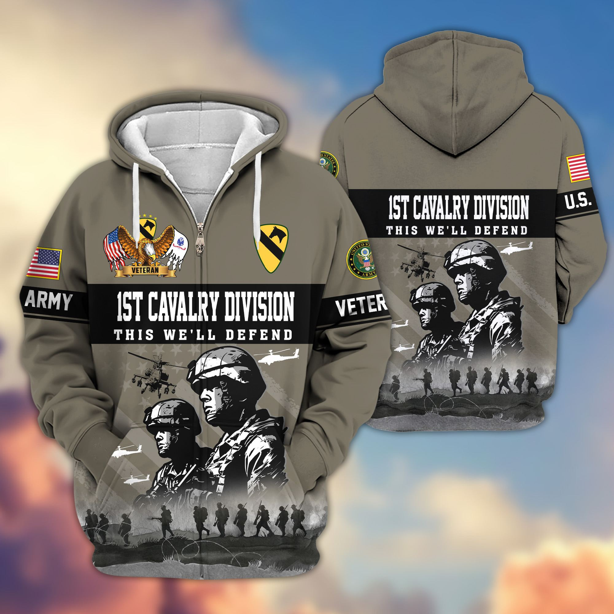 Premium 1st Cavalry Division Zip Up Hoodie VPVC620031, Gifts For Army Veteran, Gifts For Father’s Day, Veterans Day