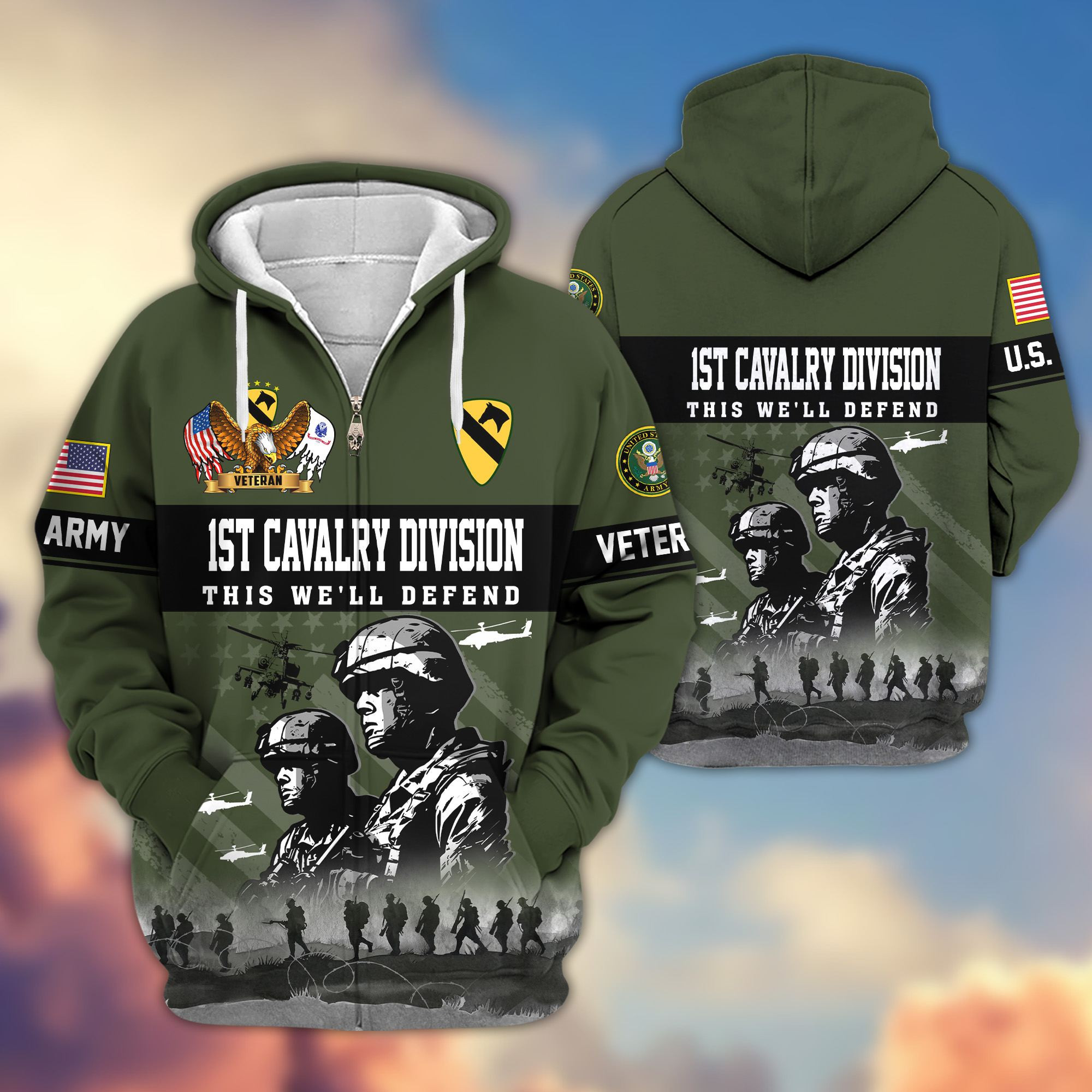 Premium 1st Cavalry Division Zip Up Hoodie VPVC620034, Gifts For Army Veteran, Gifts For Father’s Day, Veterans Day