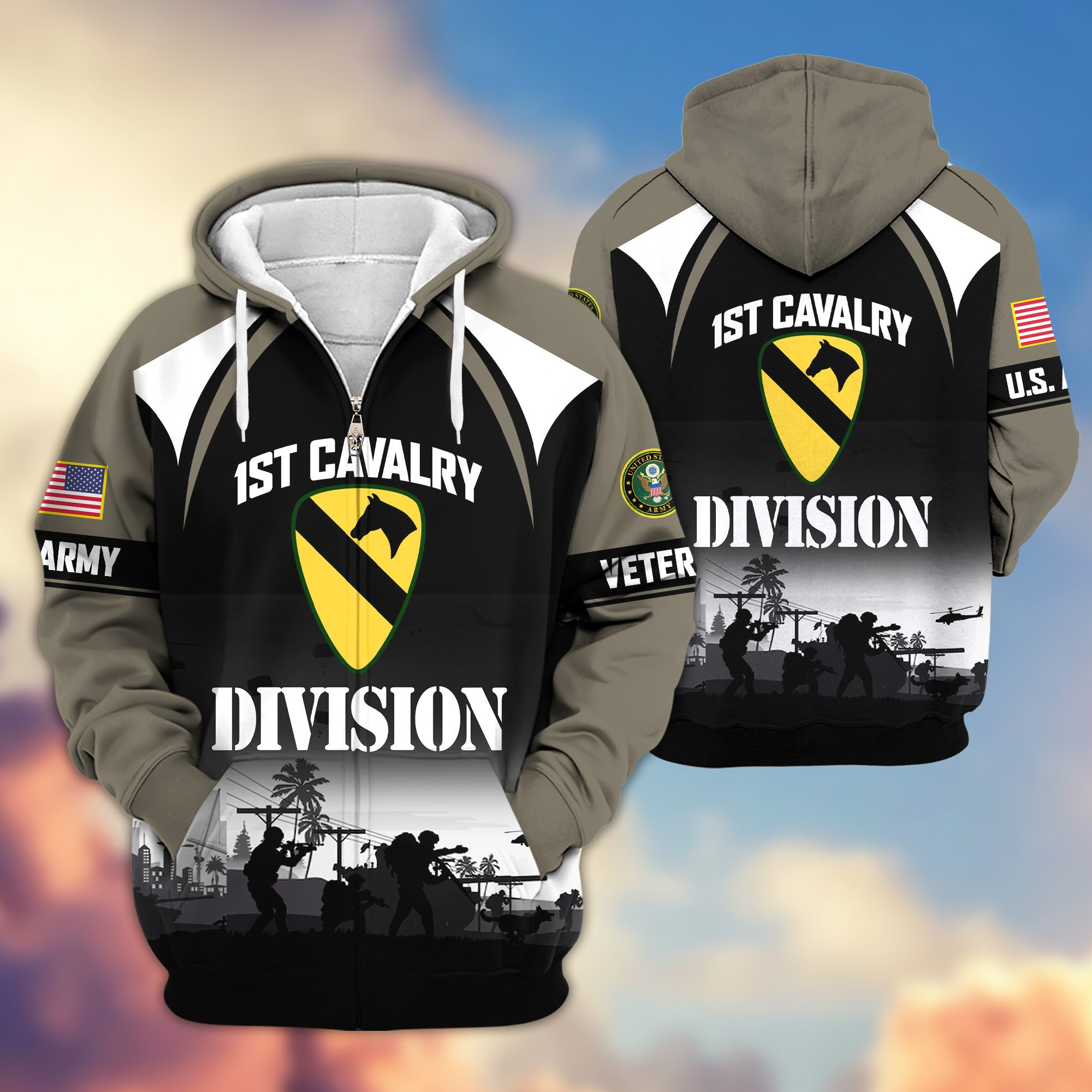 Premium 1st Cavalry Division Zip Up Hoodie VPVC620041, Gifts For Army Veteran, Gifts For Father’s Day, Veterans Day