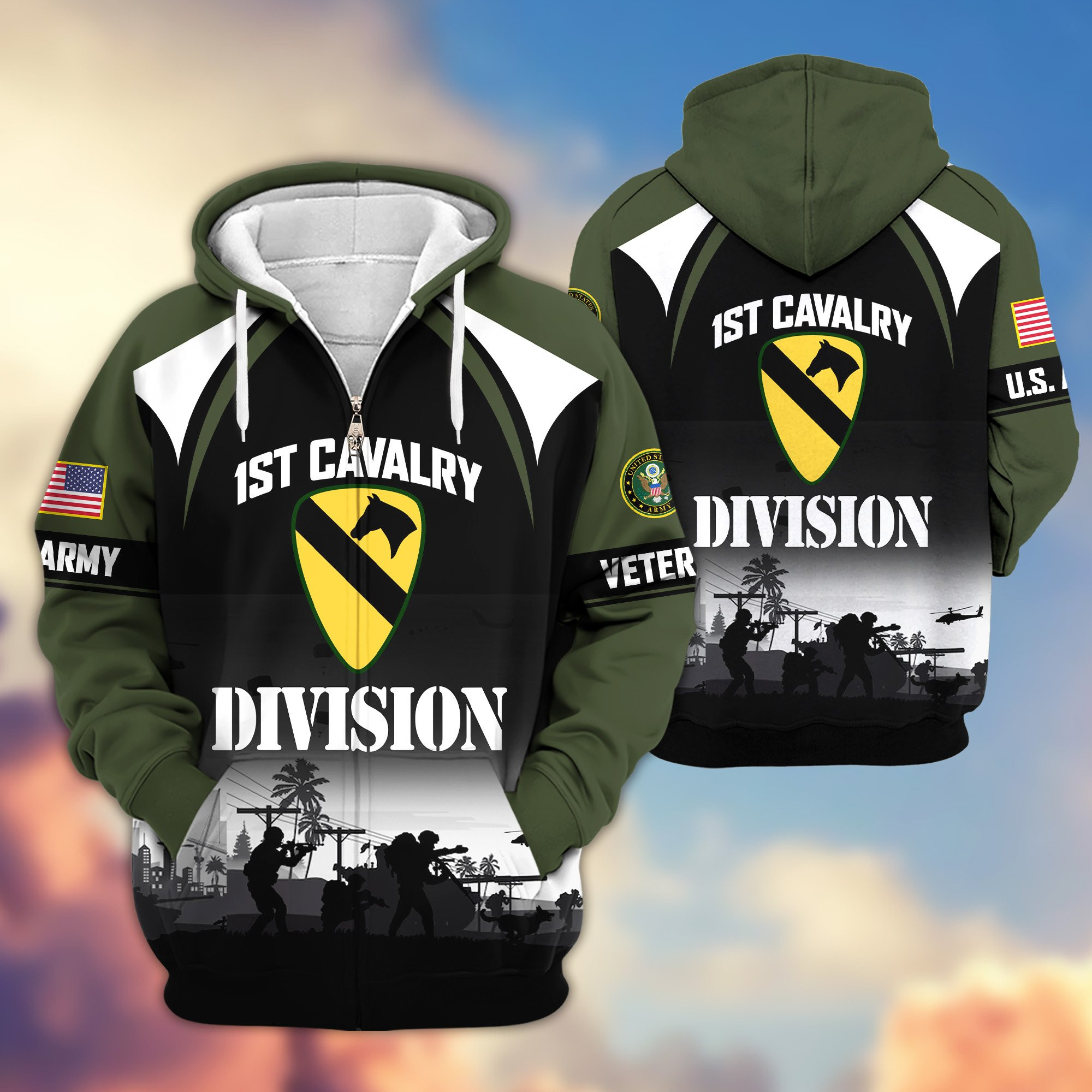 Premium 1st Cavalry Division Zip Up Hoodie VPVC620044, Gifts For Army Veteran, Gifts For Father’s Day, Veterans Day