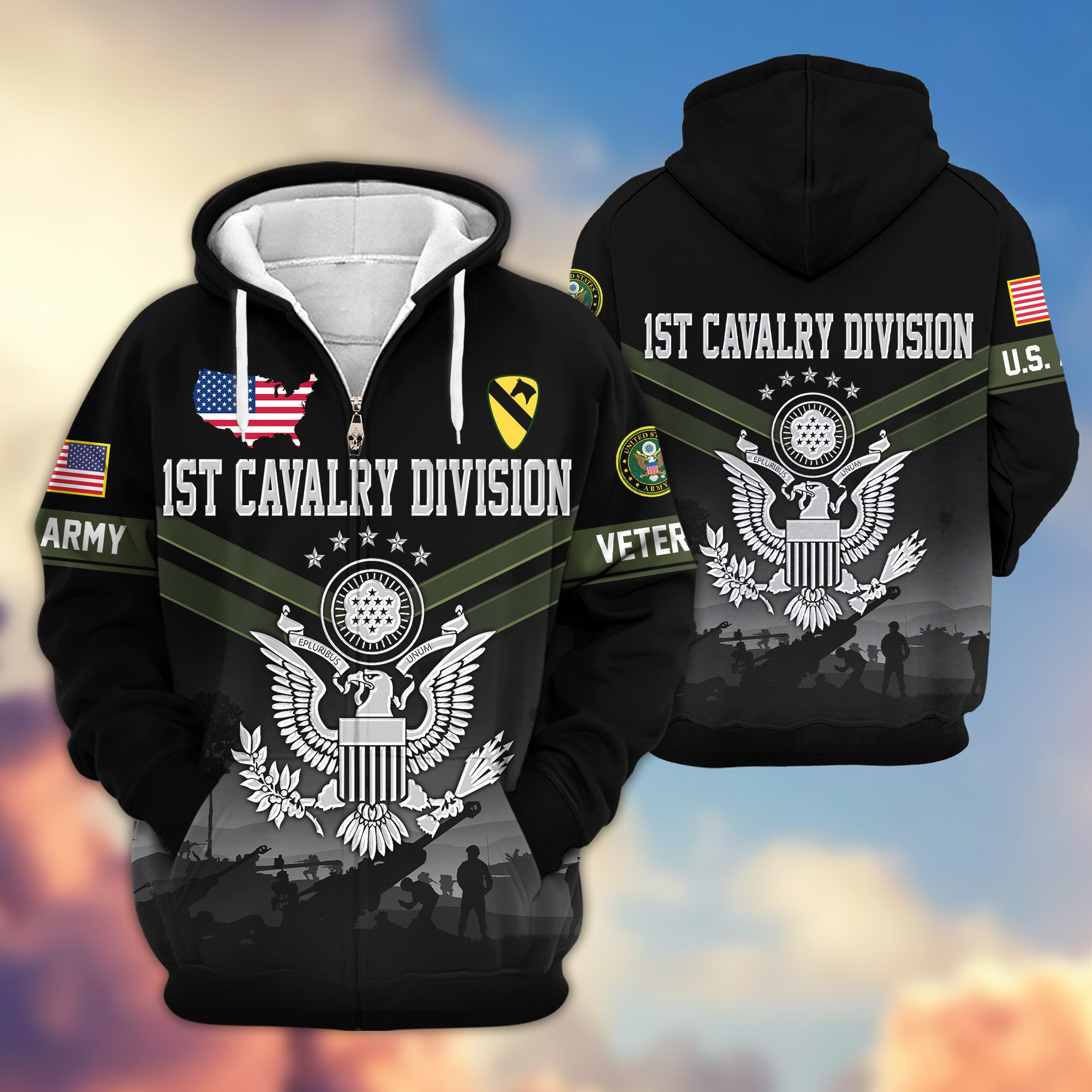 Premium 1st Cavalry Division Zip Up Hoodie VPVC620054, Gifts For Army Veteran, Gifts For Father’s Day, Veterans Day