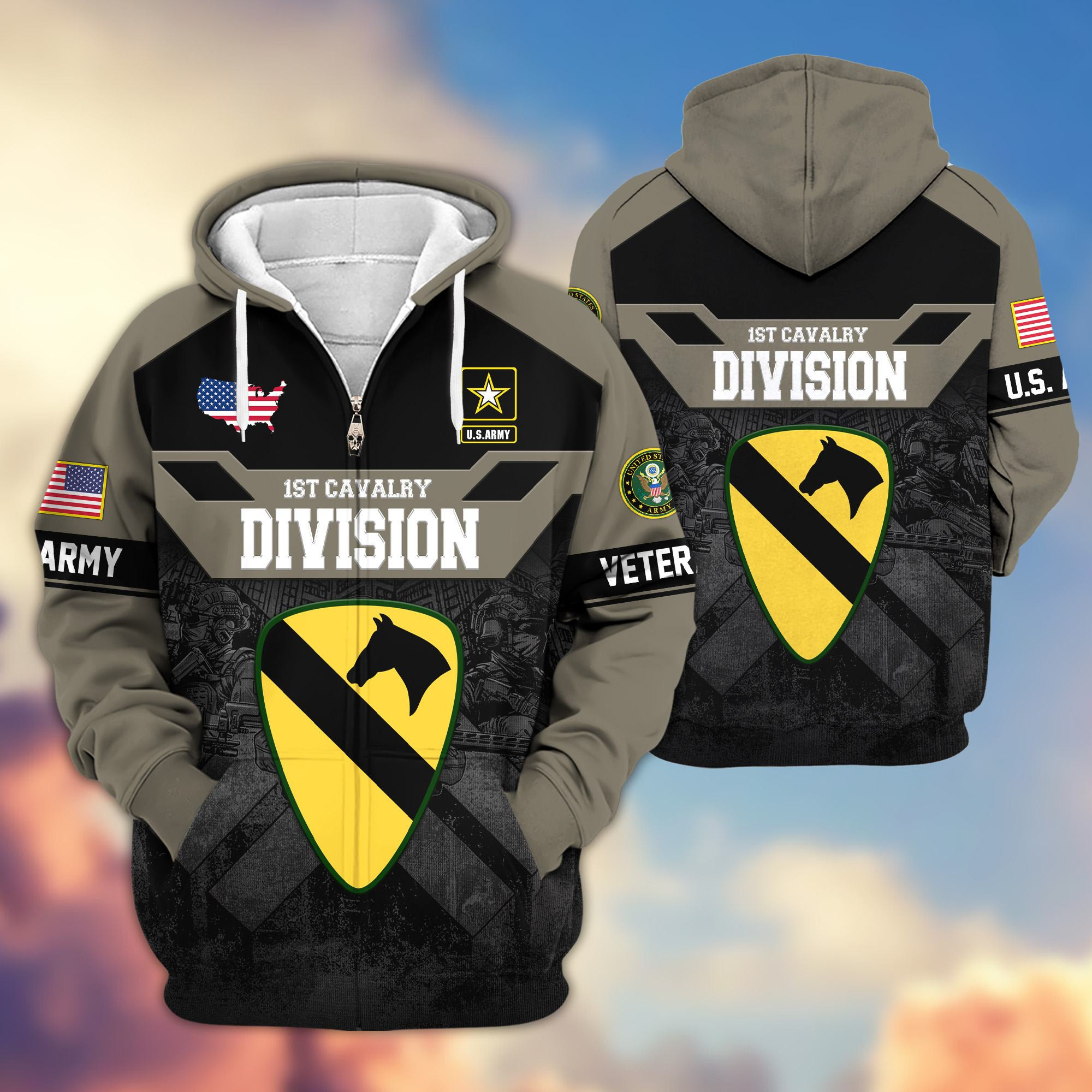 Premium 1st Cavalry Division Zip Up Hoodie VPVC620061, Gifts For Army Veteran, Gifts For Father’s Day, Veterans Day