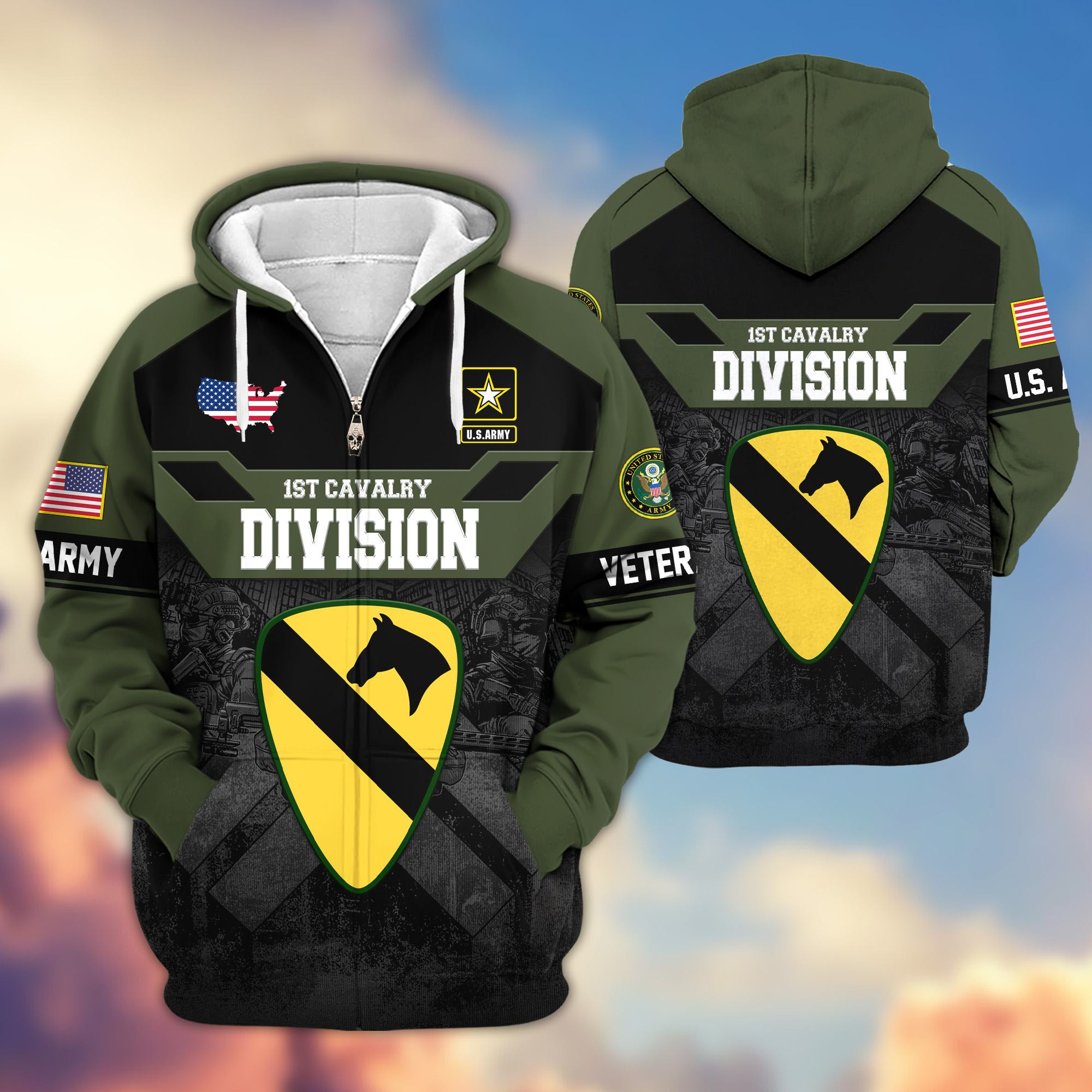 Premium 1st Cavalry Division Zip Up Hoodie VPVC620064, Gifts For Army Veteran, Gifts For Father’s Day, Veterans Day