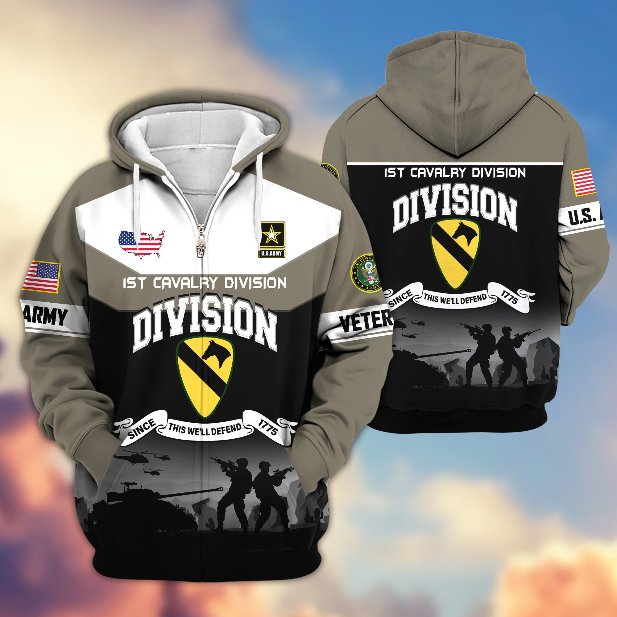 Premium 1st Cavalry Division Zip Up Hoodie VPVC620071, Gifts For Army Veteran, Gifts For Father’s Day, Veterans Day