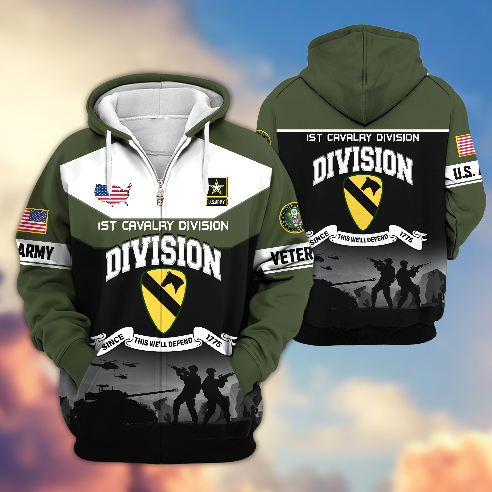 Premium 1st Cavalry Division Zip Up Hoodie VPVC620074, Gifts For Army Veteran, Gifts For Father’s Day, Veterans Day