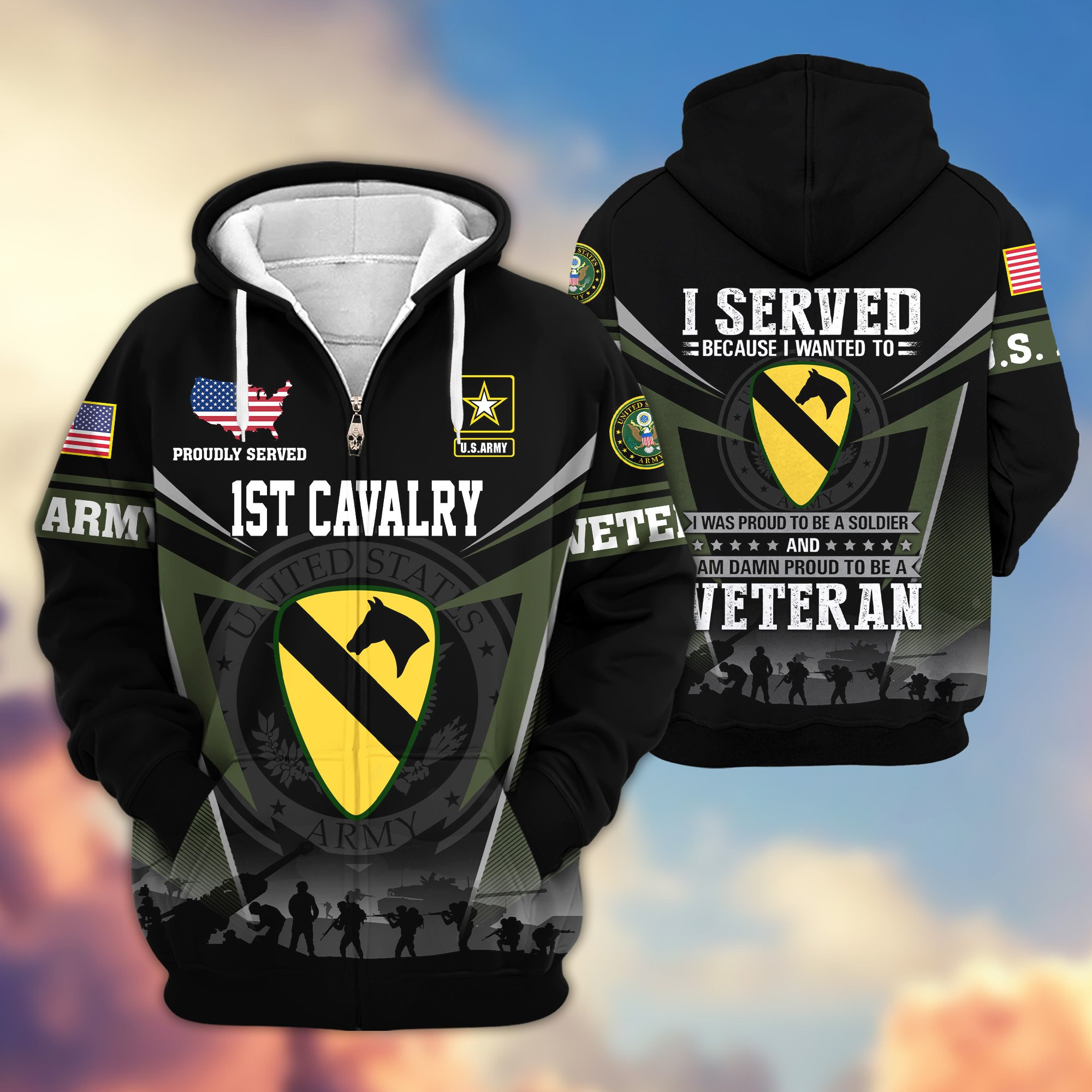 Premium 1st Cavalry Division Zip Up Hoodie VPVC620084, Gifts For Army Veteran, Gifts For Father’s Day, Veterans Day