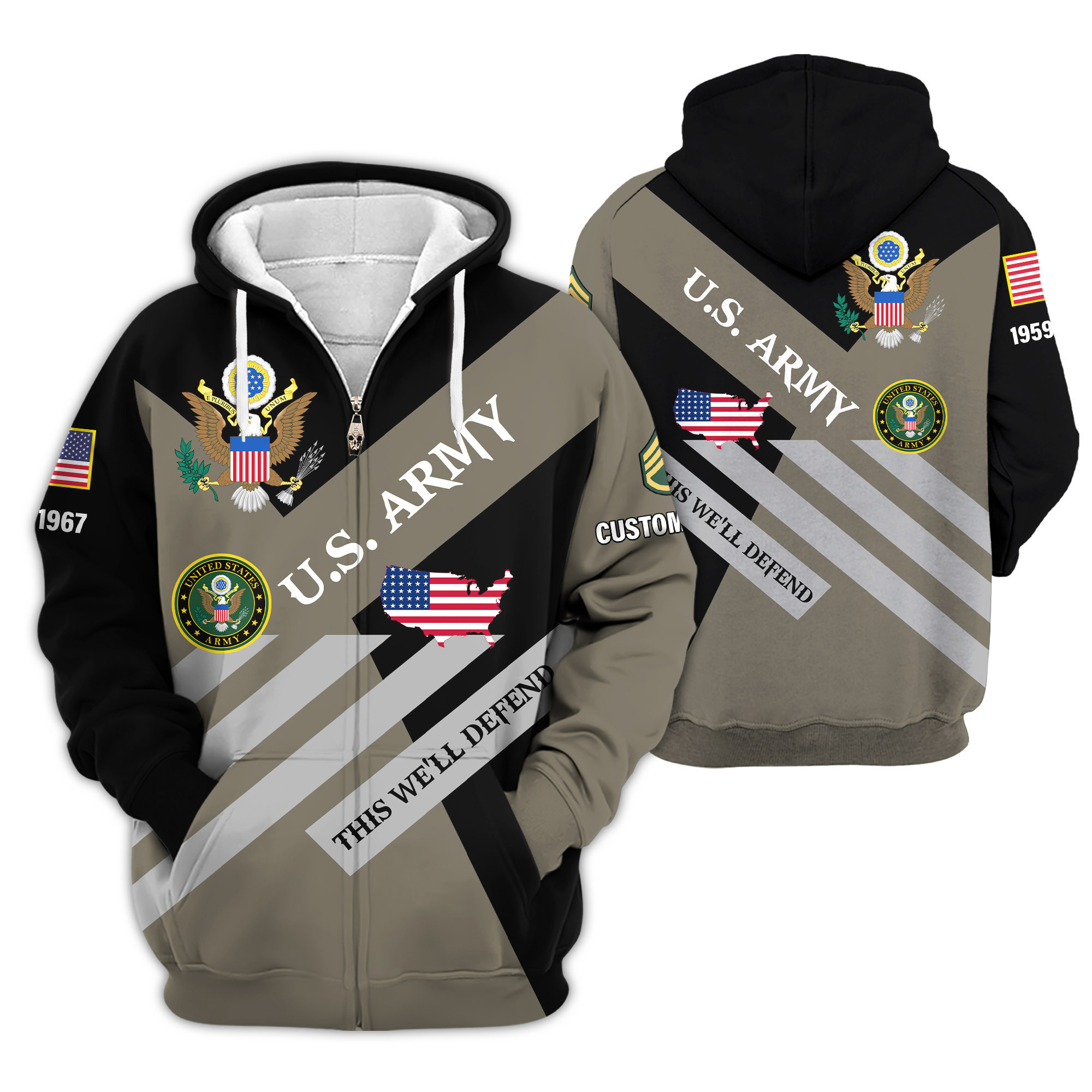 Premium Custom US Army Zip Up Hoodie VPVC610010, Gifts For Army Veteran, Gifts For Veterans Day
