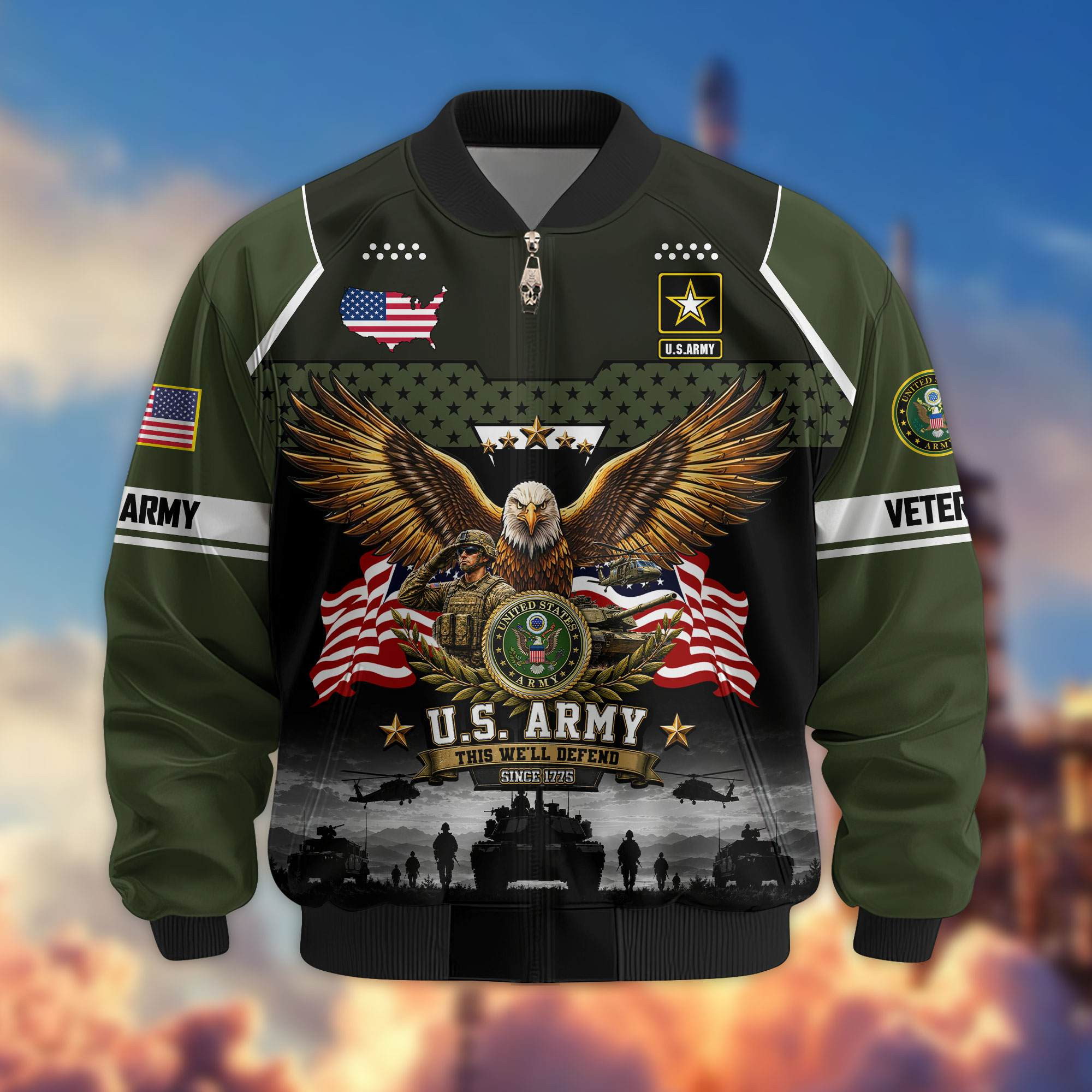 Premium US Veteran Bomber Jacket BTTN250923, Waterproof Windbreaker Coat, US Veteran Gift, Veterans Day Gift