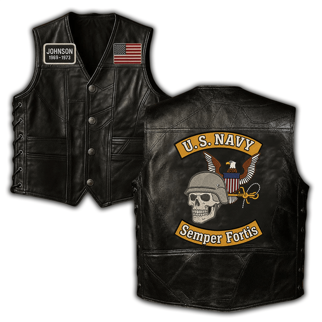 Premium US Navy Veterans Custom Leather Motor Vest VPVC702432, Gifts For Navy Veteran, Gifts On Father’s Day, Veterans Day