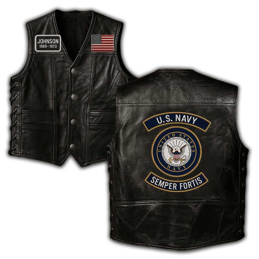 Premium US Navy Veterans Custom Leather Motor Vest VPVC702442, Gifts For Navy Veteran, Gifts On Father’s Day, Veterans Day
