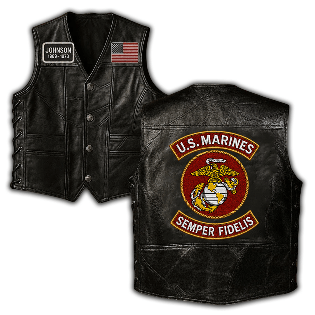 Premium USMC Veterans Custom Leather Motor Vest VPVC702443, Gifts For Marine Veteran, Gifts On Father’s Day, Veterans Day