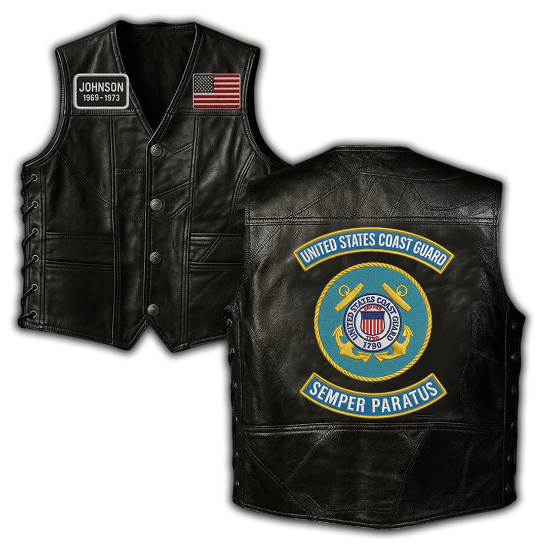 Premium USCG Veterans Custom Leather Motor Vest VPVC702445, Gifts For Coast Guard Veteran, Gifts On Father’s Day, Veterans Day