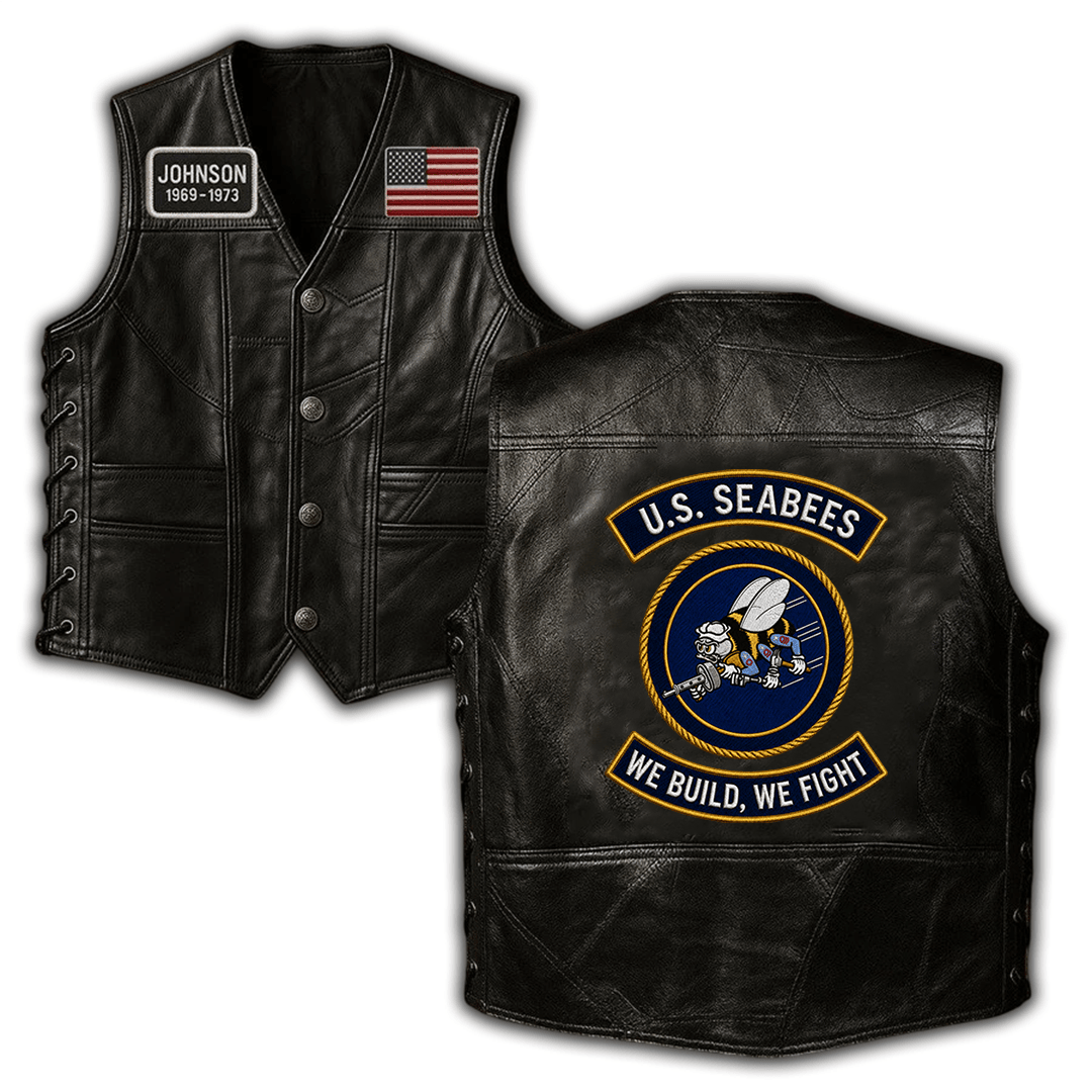 Premium US Seabees Veterans Custom Leather Motor Vest VPVC702449, Gifts For Seabees Veteran, Gifts On Father’s Day, Veterans Day